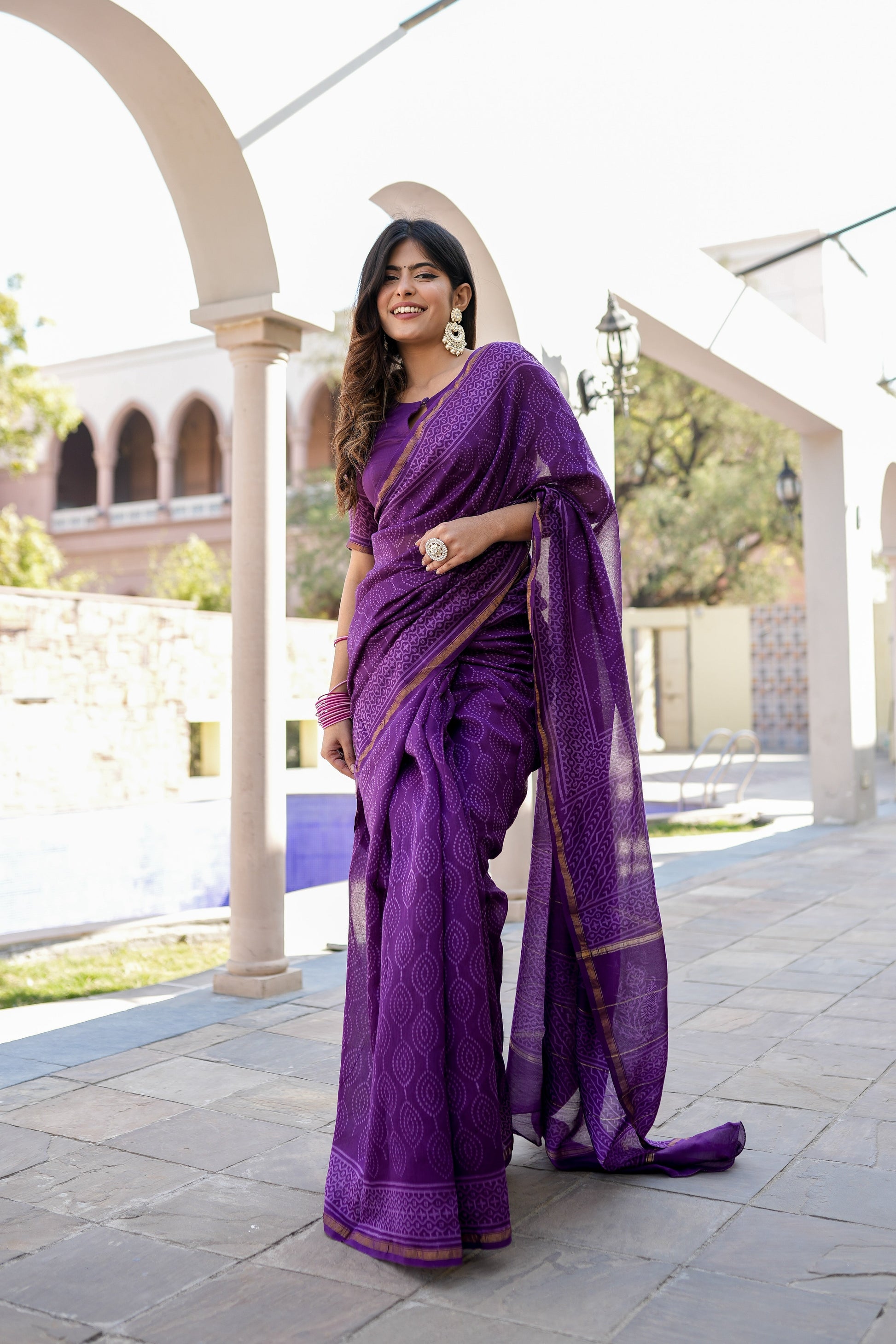 Ethereal Lavender Purple Chanderi Handblock Saree Gold Zari Nature