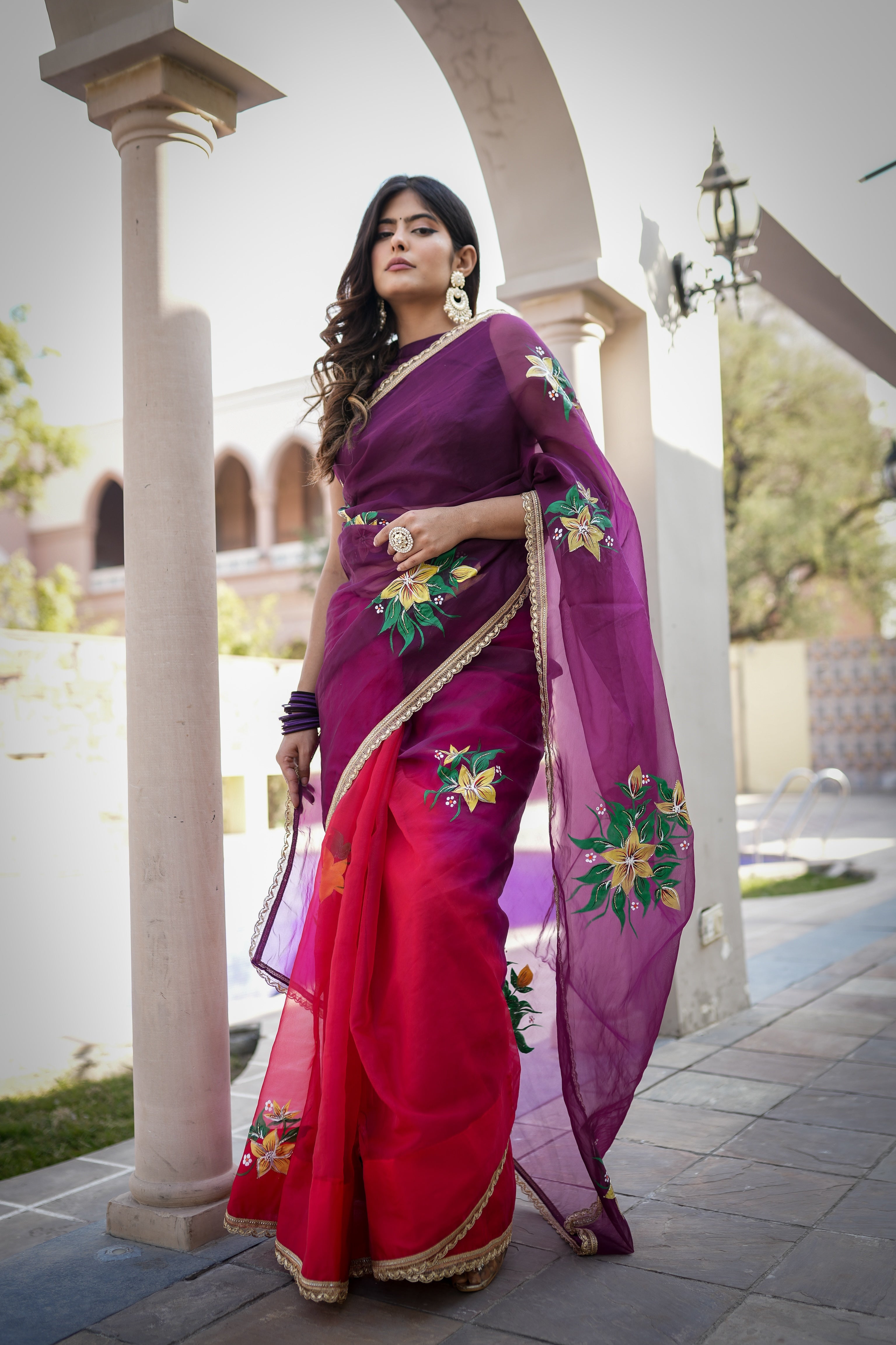 Artistic Red Purple Organza Handpainted Saree Floral