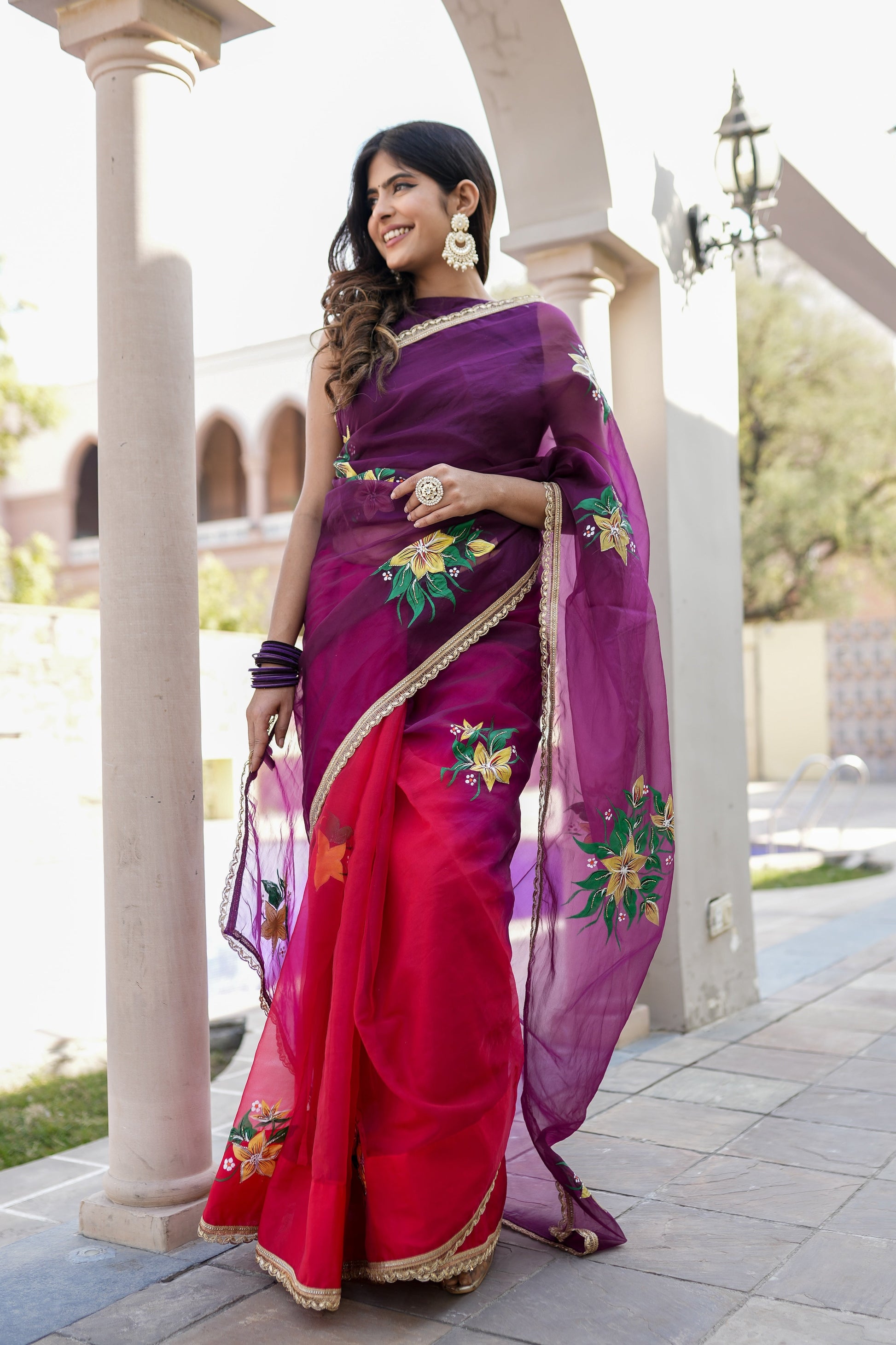 Artistic Red Purple Organza Handpainted Saree Floral