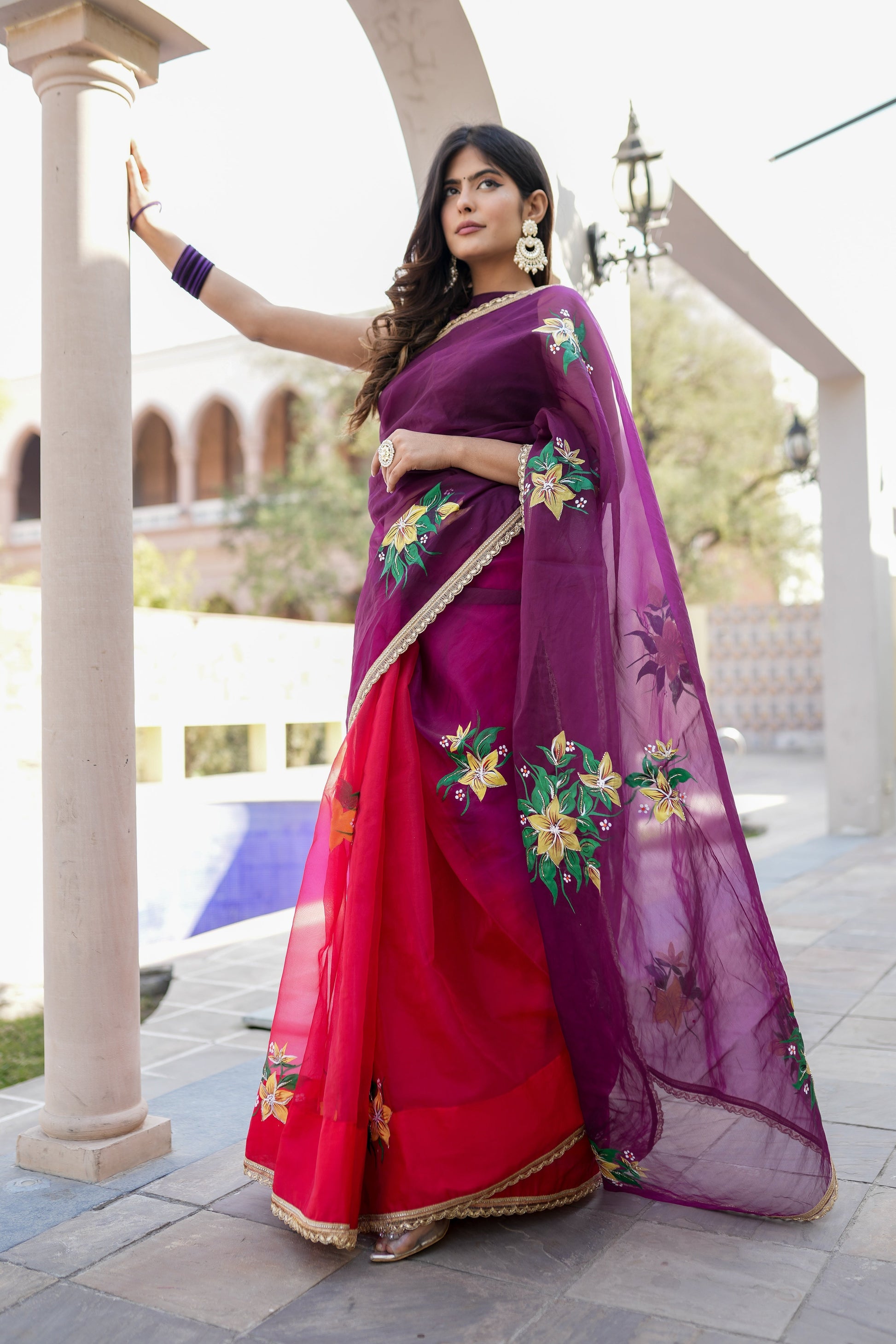 Artistic Red Purple Organza Handpainted Saree Floral