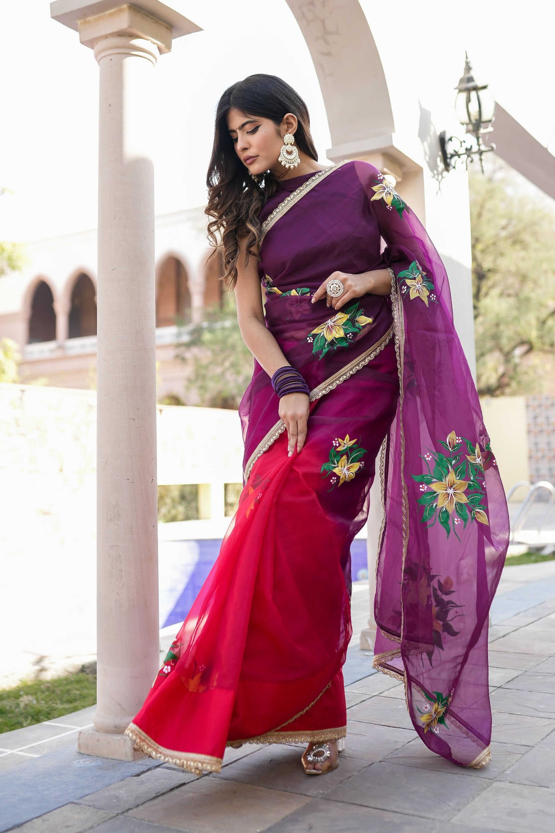 Artistic Red Purple Organza Handpainted Saree Floral