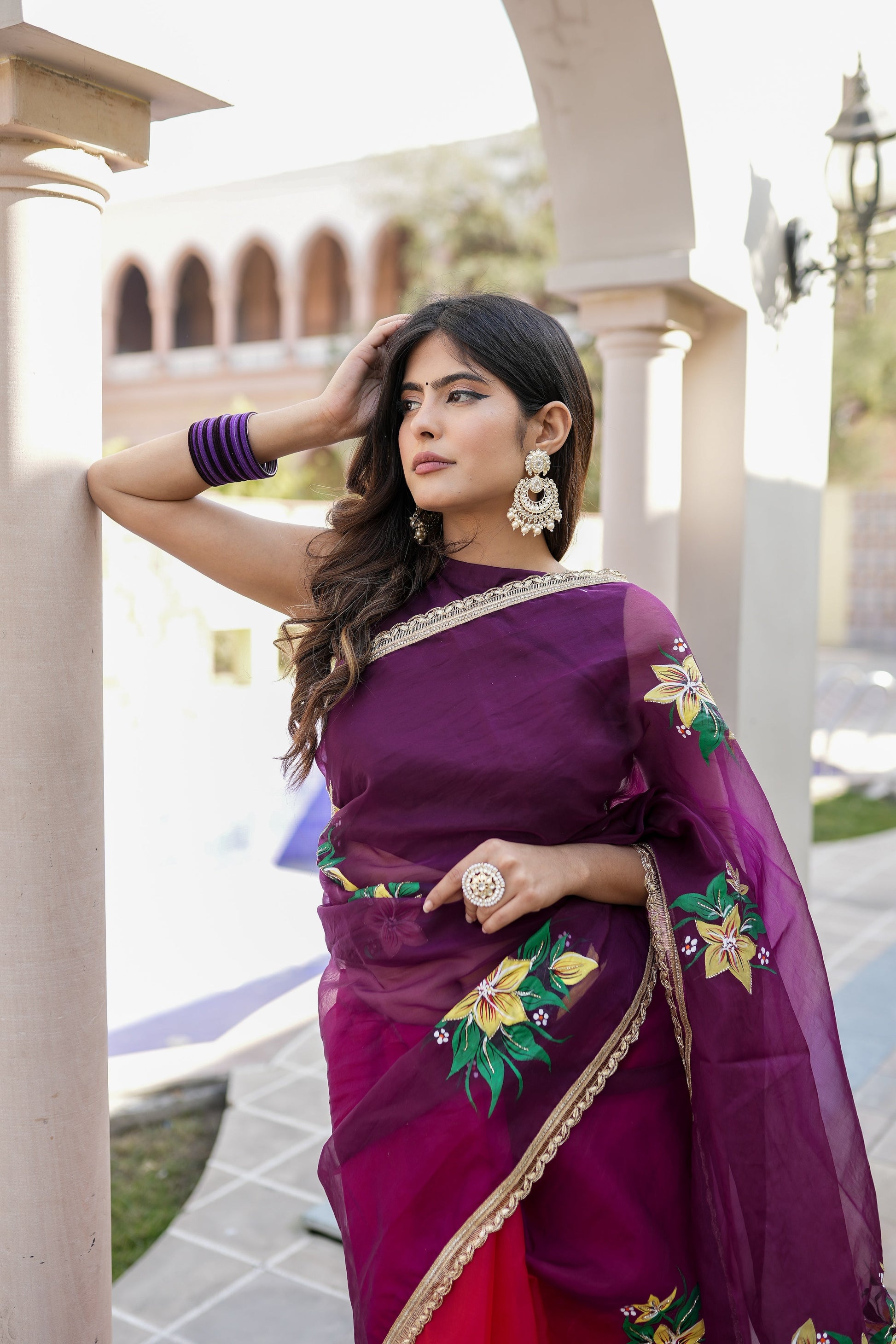 Artistic Red Purple Organza Handpainted Saree Floral
