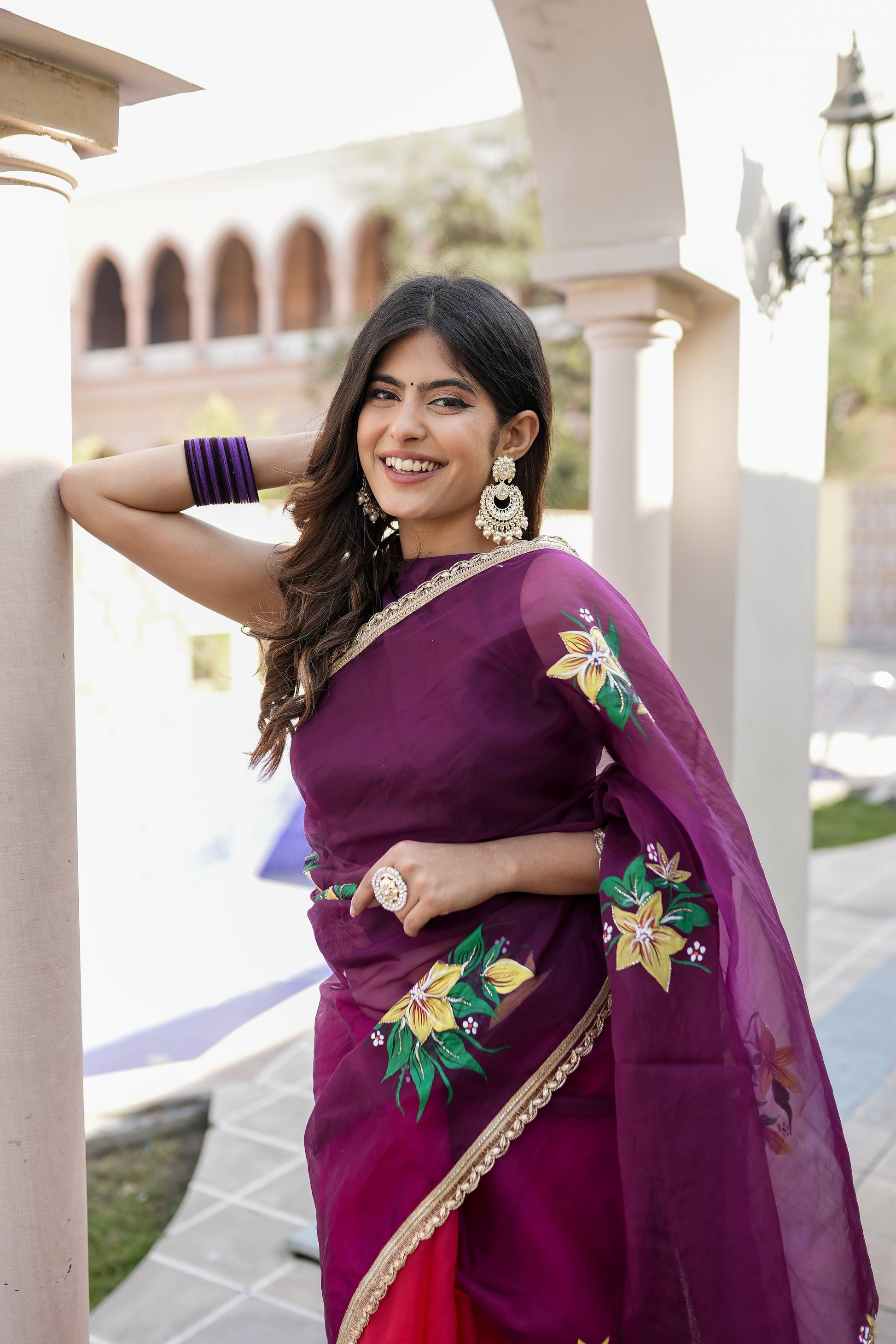 Artistic Red Purple Organza Handpainted Saree Floral