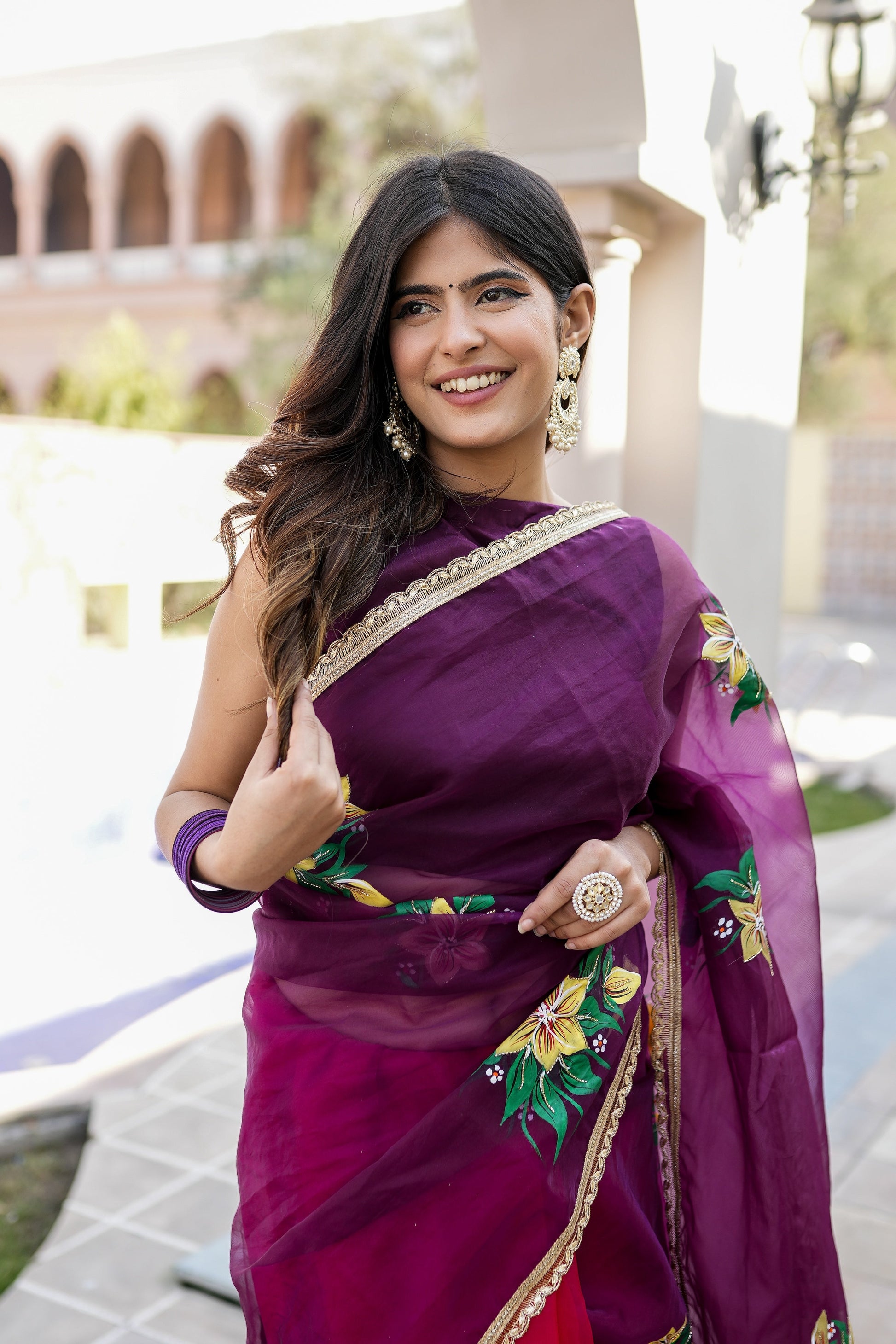 Artistic Red Purple Organza Handpainted Saree Floral