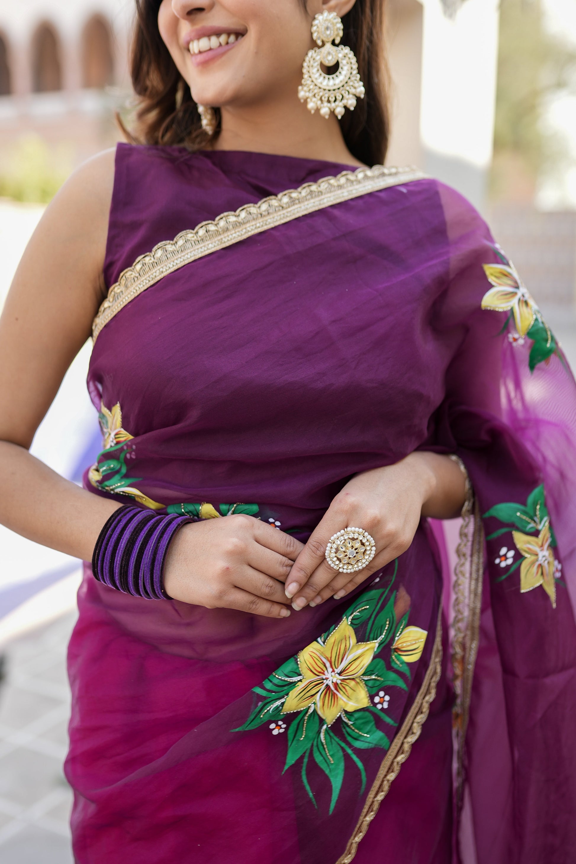 Artistic Red Purple Organza Handpainted Saree Floral