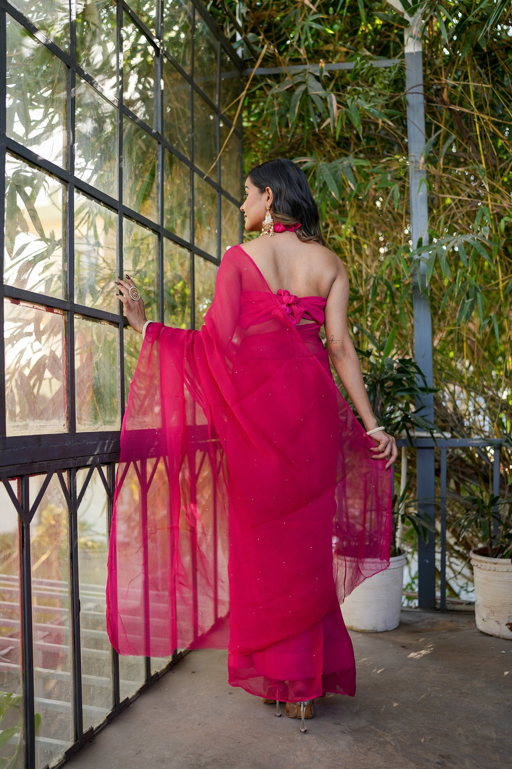 Radiant Red Rani Pink Chiffon Mukaish Saree Handwork
