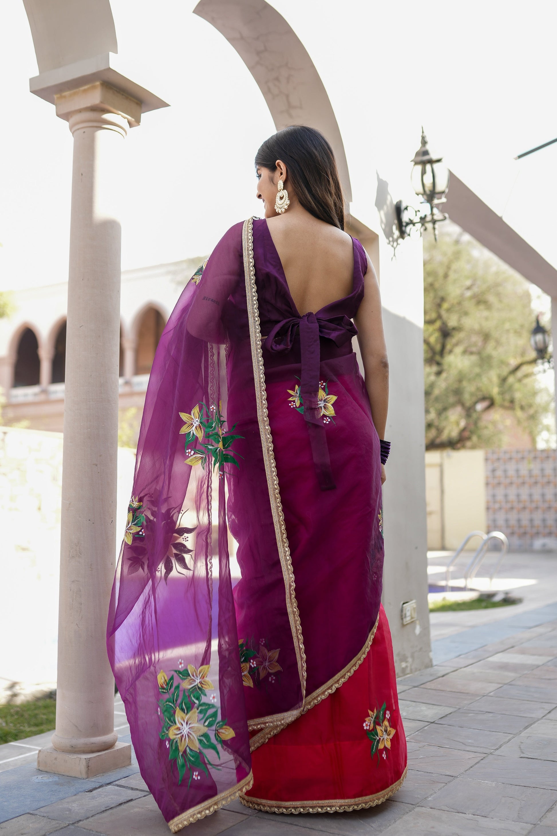 Artistic Red Purple Organza Handpainted Saree Floral