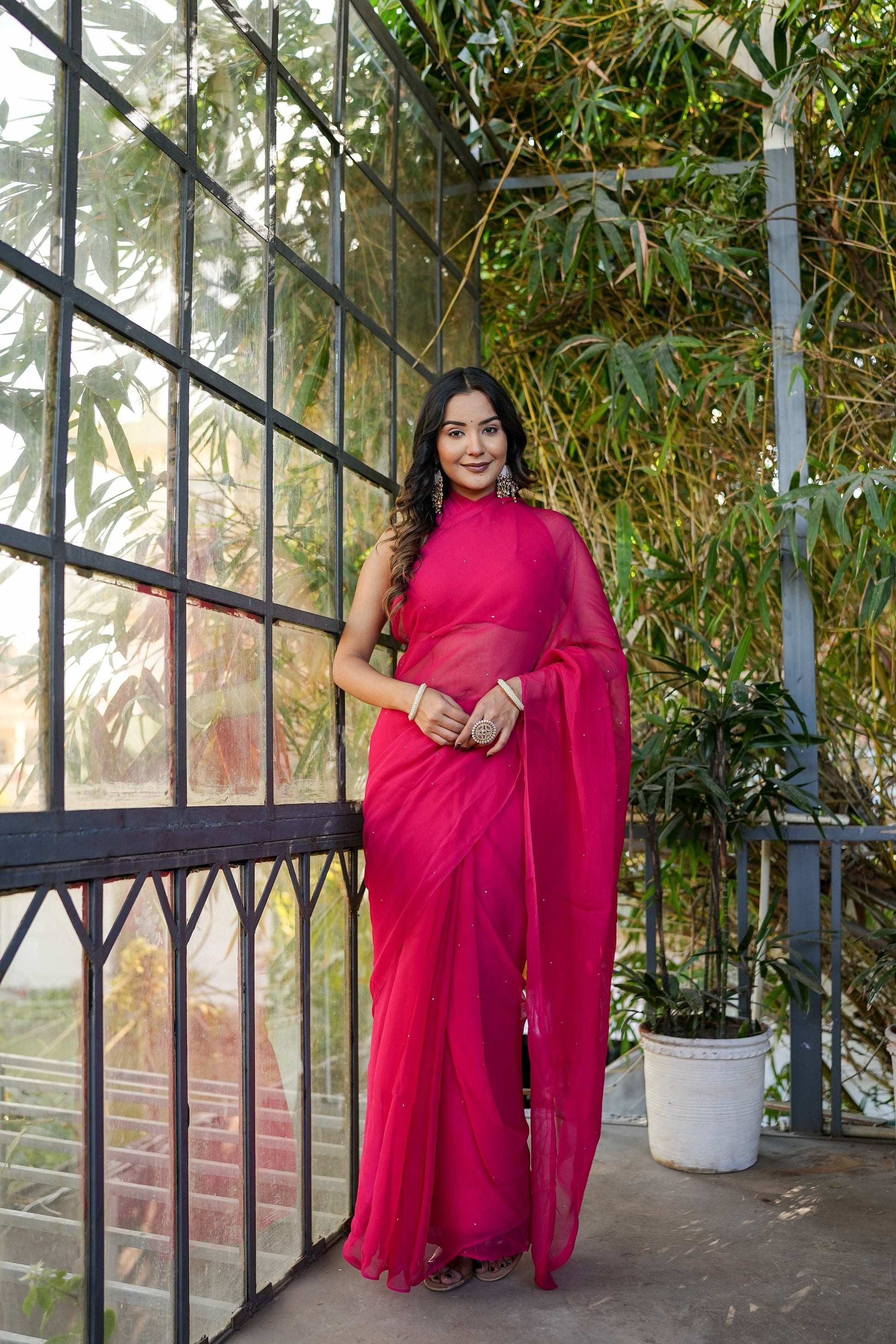 Radiant Red Rani Pink Chiffon Mukaish Saree Handwork
