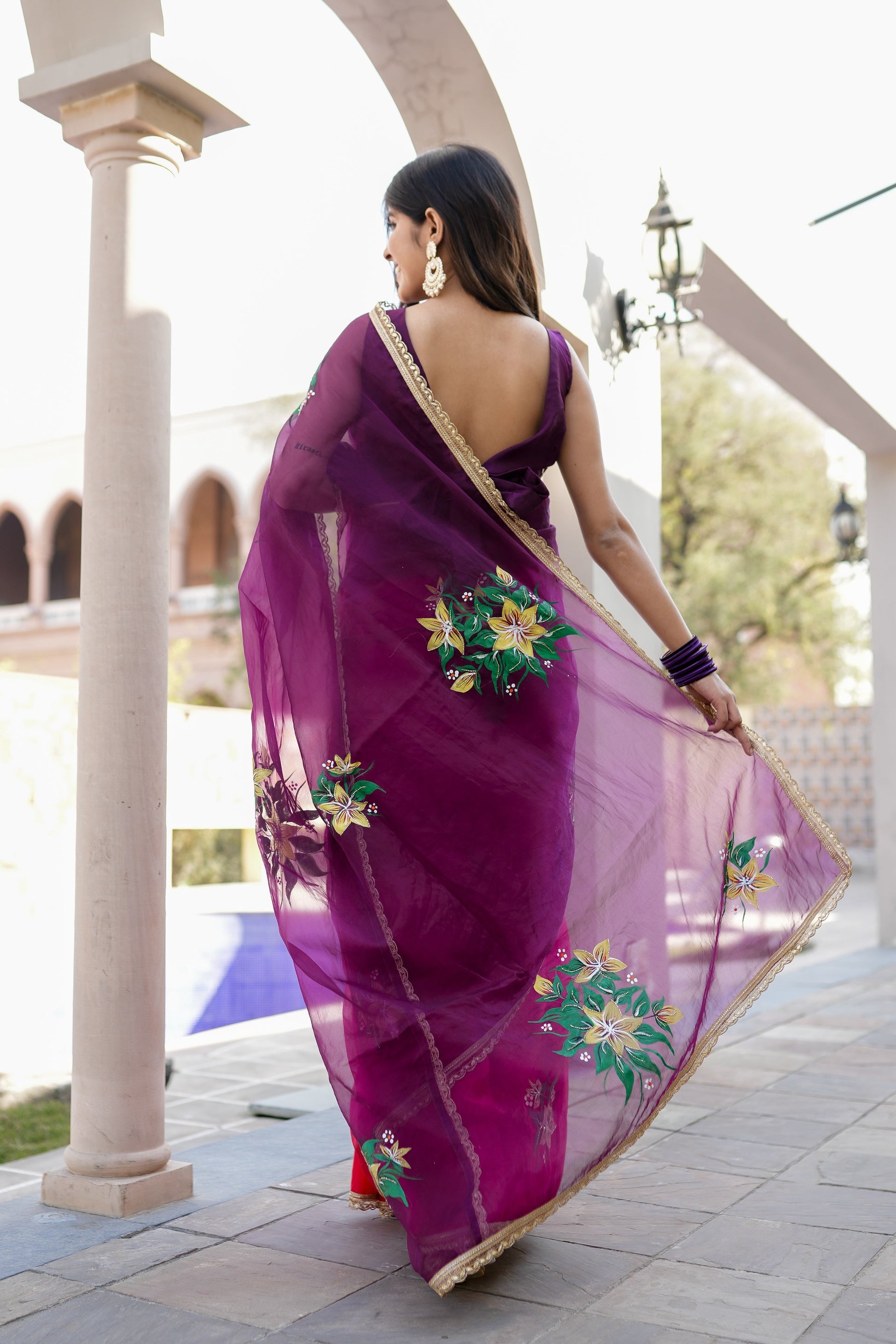 Artistic Red Purple Organza Handpainted Saree Floral
