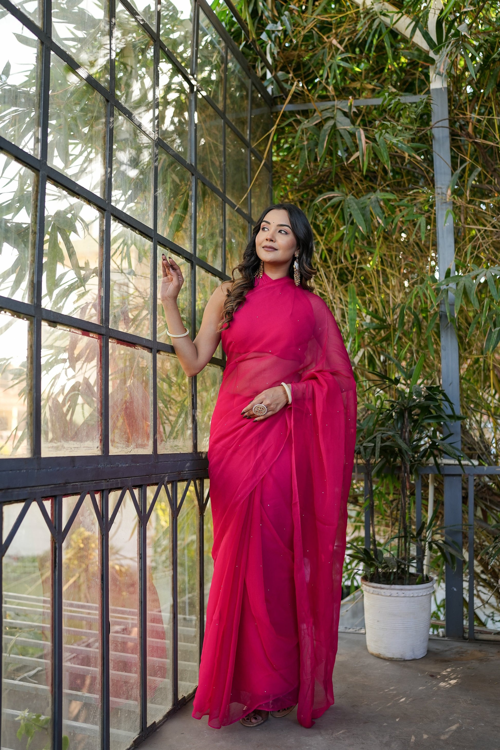 Radiant Red Rani Pink Chiffon Mukaish Saree Handwork