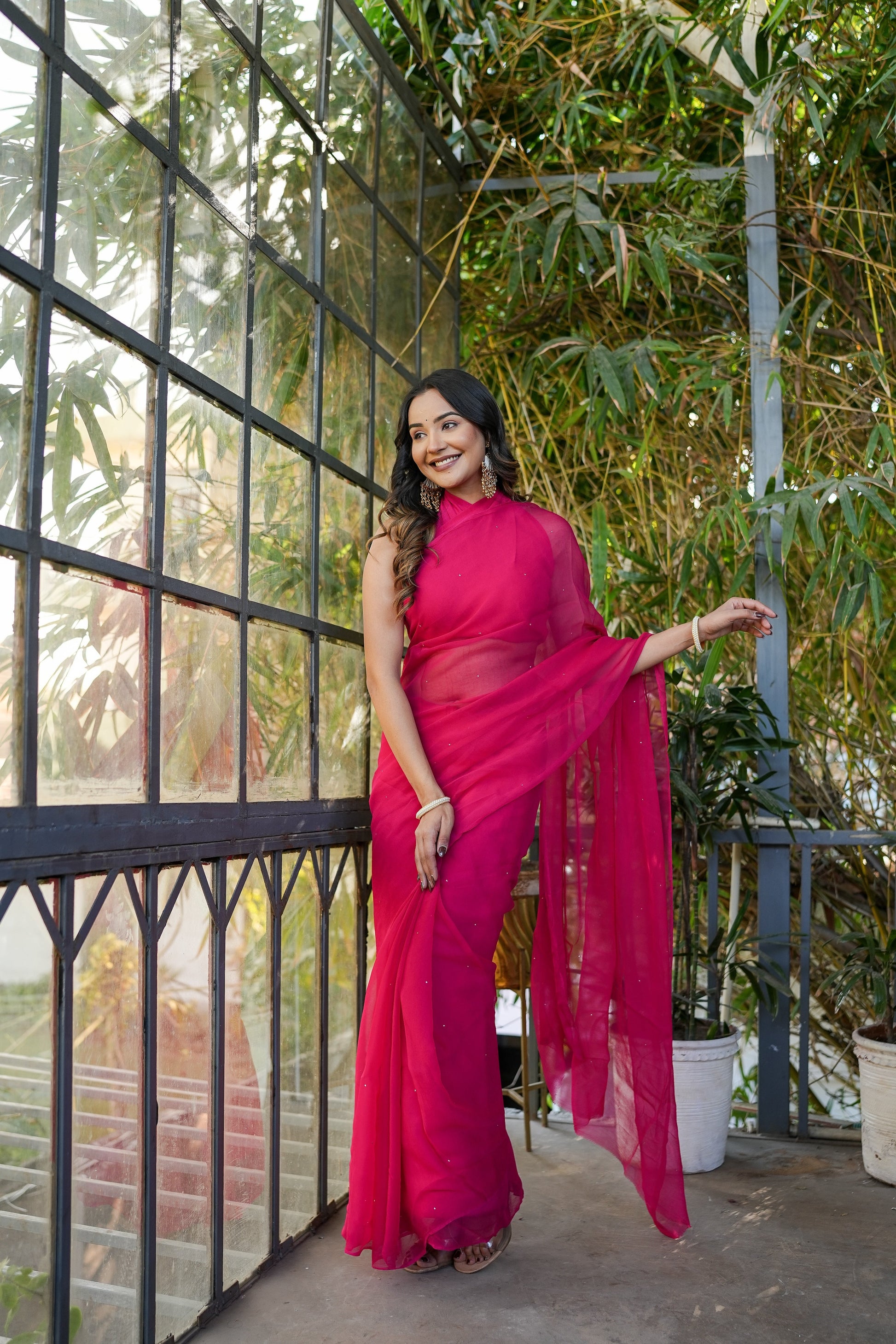 Radiant Red Rani Pink Chiffon Mukaish Saree Handwork