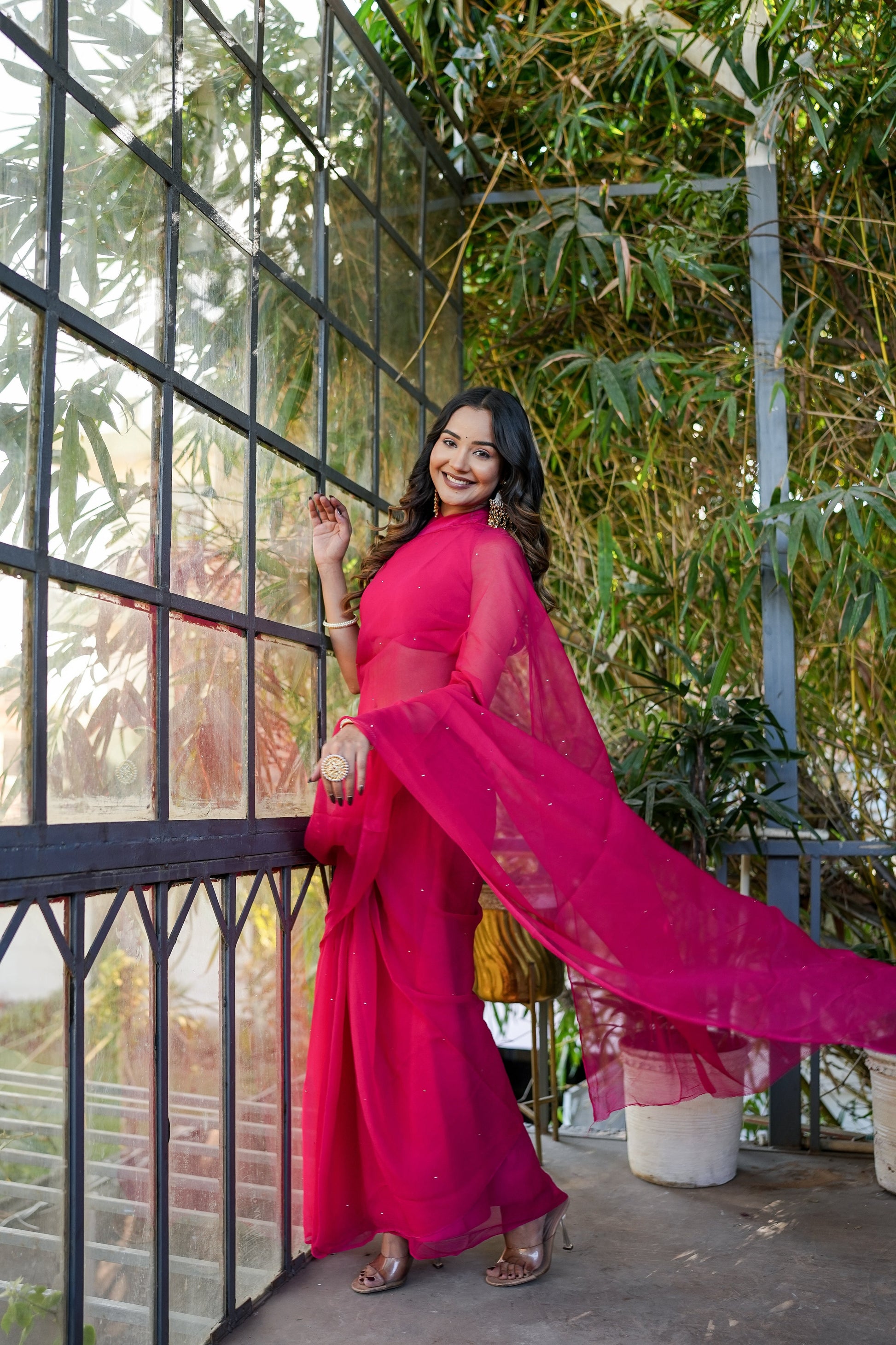 Radiant Red Rani Pink Chiffon Mukaish Saree Handwork