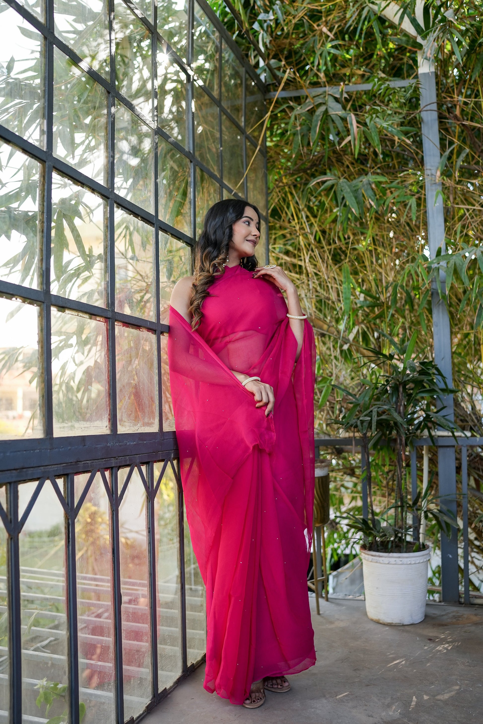 Radiant Red Rani Pink Chiffon Mukaish Saree Handwork