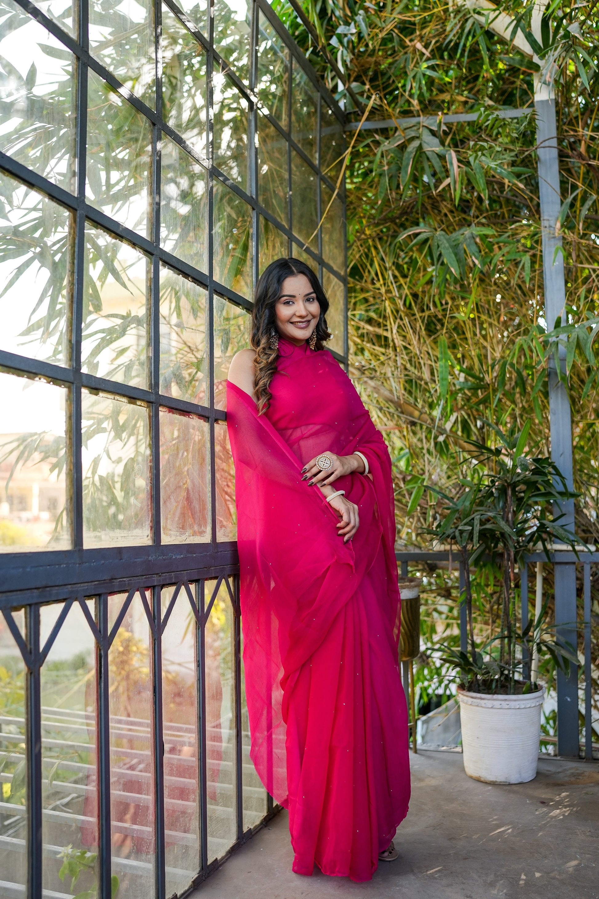 Radiant Red Rani Pink Chiffon Mukaish Saree Handwork