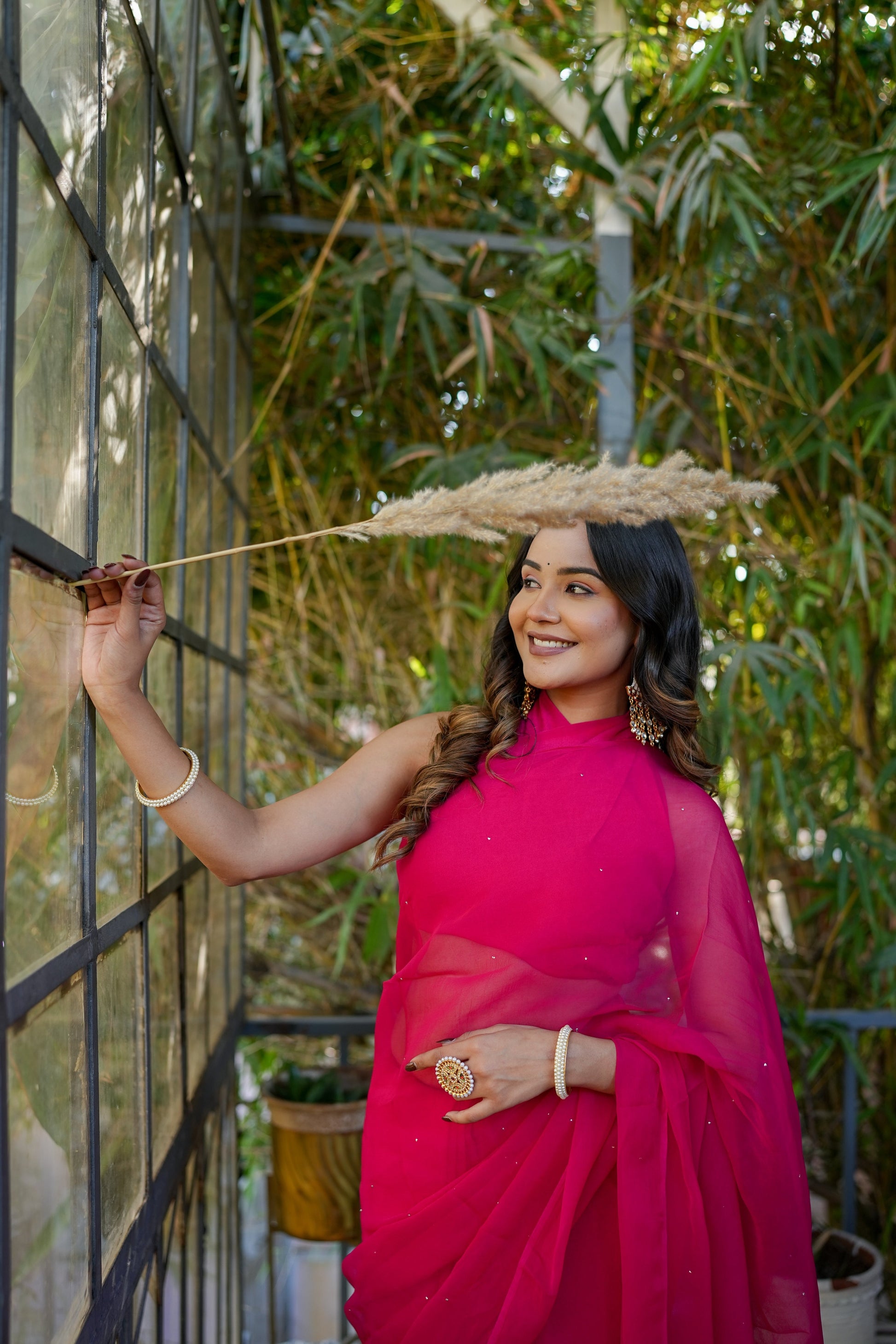 Radiant Red Rani Pink Chiffon Mukaish Saree Handwork
