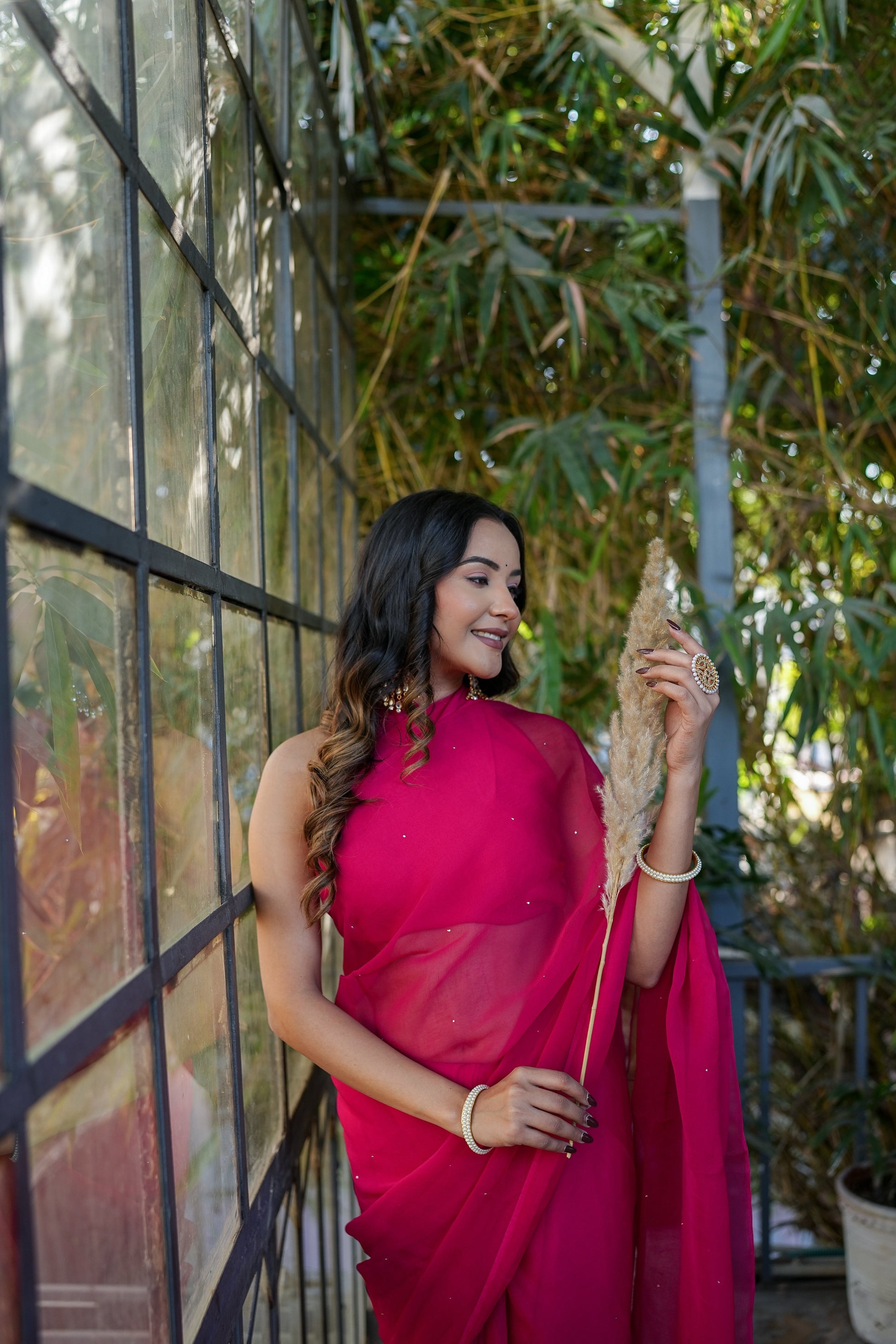 Radiant Red Rani Pink Chiffon Mukaish Saree Handwork