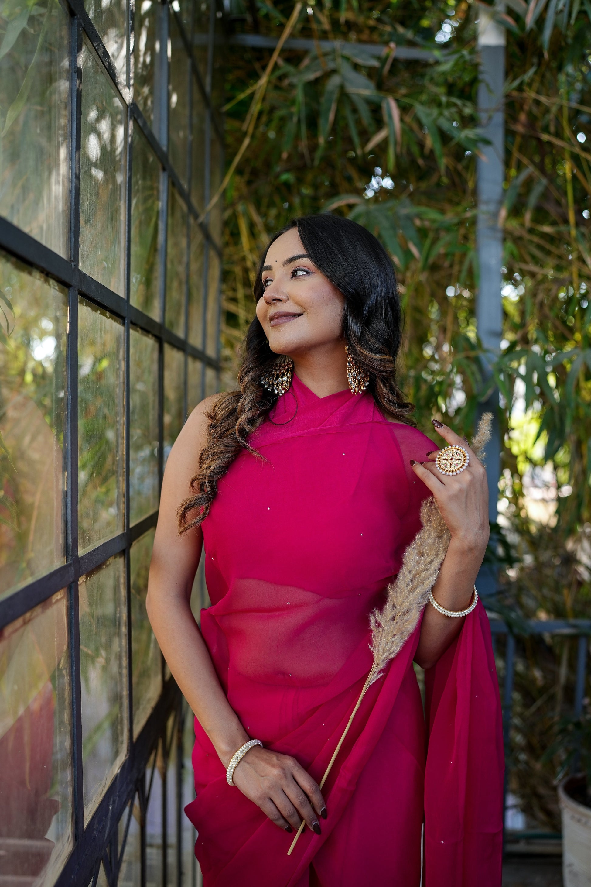 Radiant Red Rani Pink Chiffon Mukaish Saree Handwork