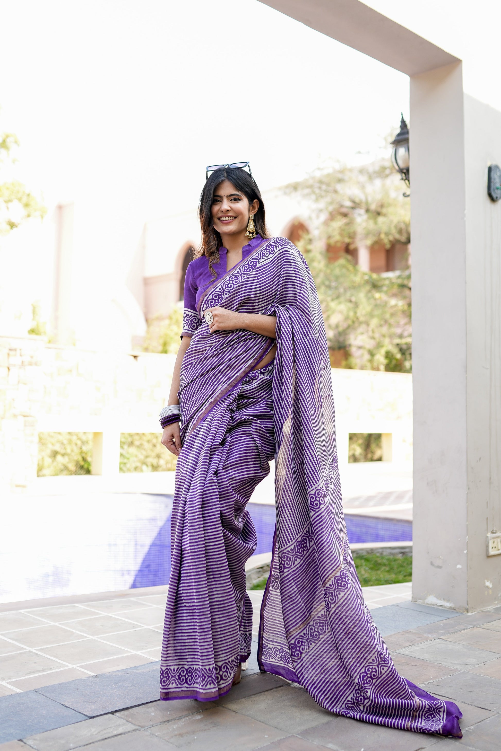 Sophisticated Purple Chanderi Silk Handblock Saree Gold Zari Geometric