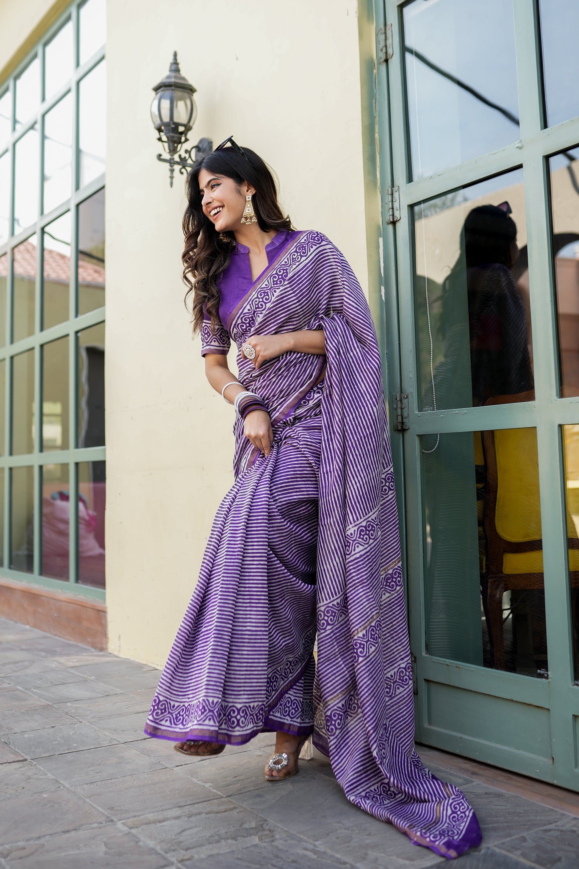 Sophisticated Purple Chanderi Silk Handblock Saree Gold Zari Geometric