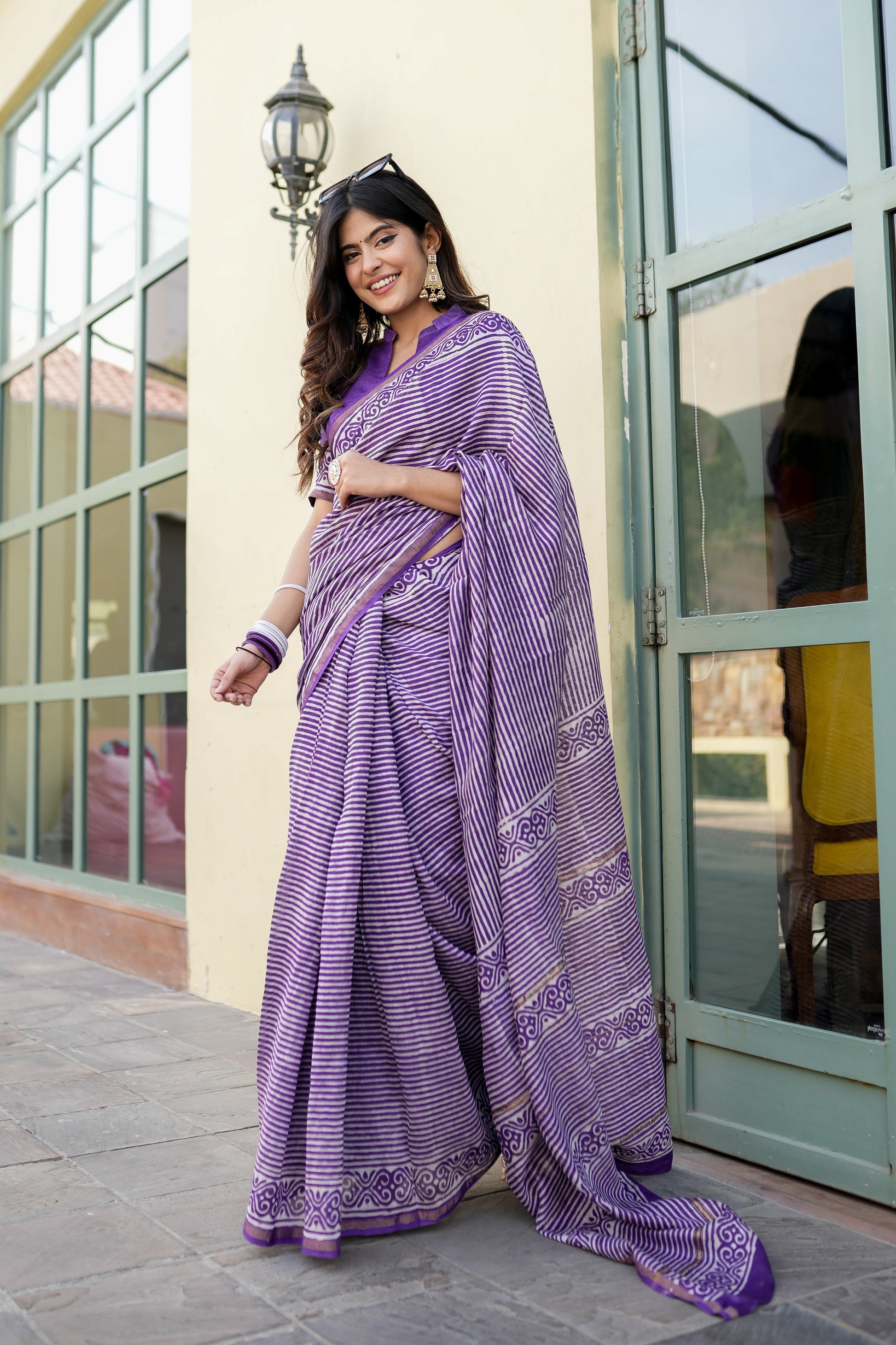 Sophisticated Purple Chanderi Silk Handblock Saree Gold Zari Geometric