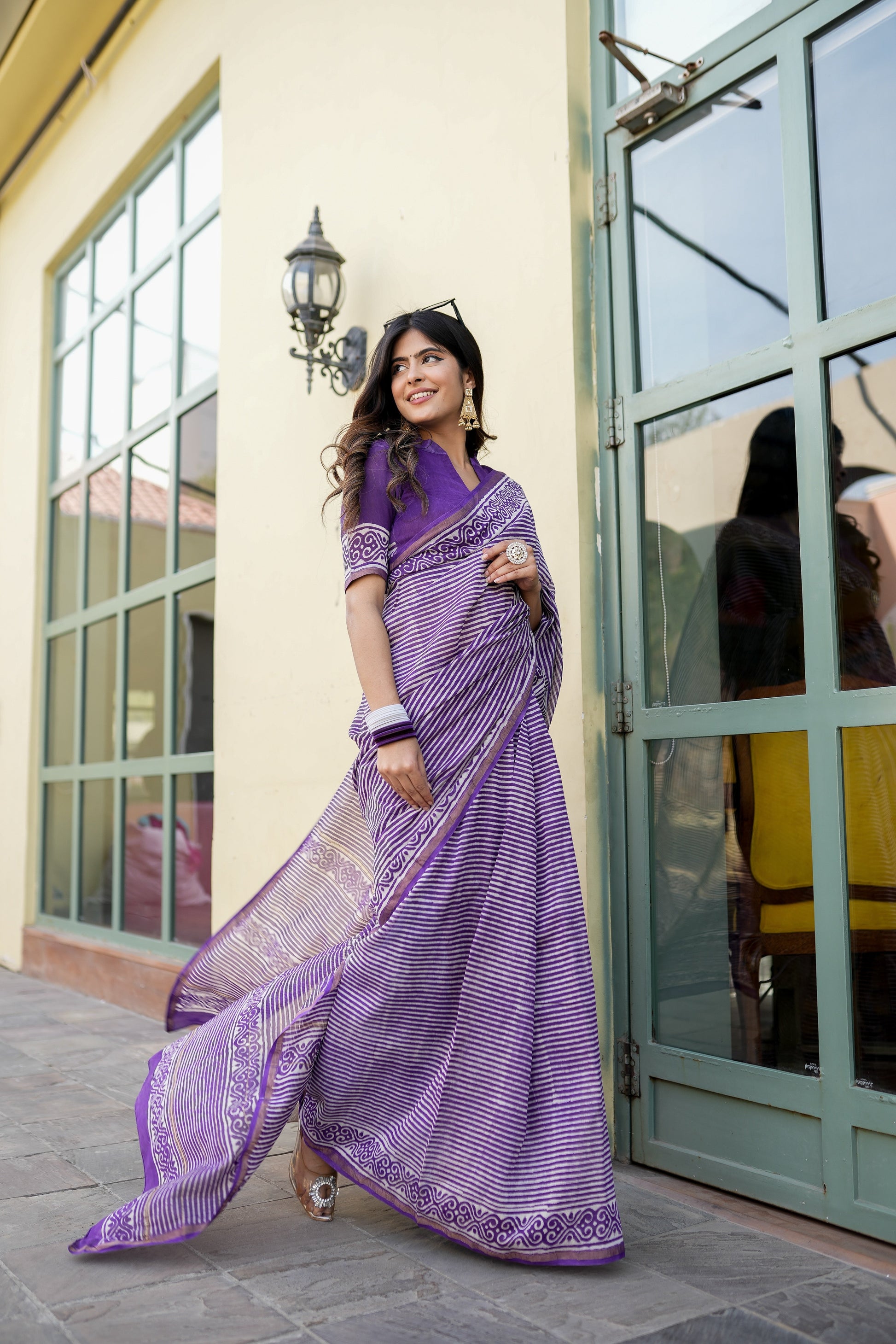 Sophisticated Purple Chanderi Silk Handblock Saree Gold Zari Geometric