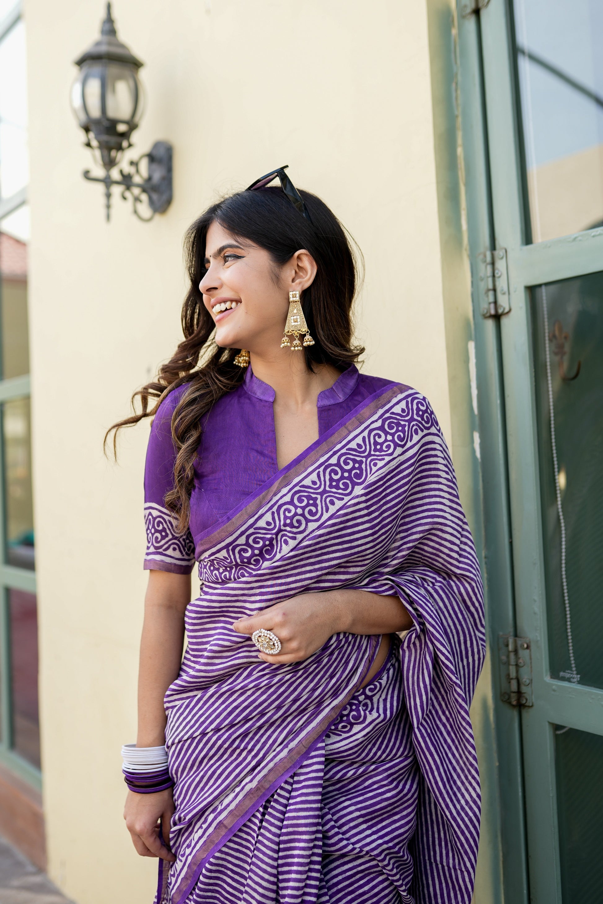 Sophisticated Purple Chanderi Silk Handblock Saree Gold Zari Geometric