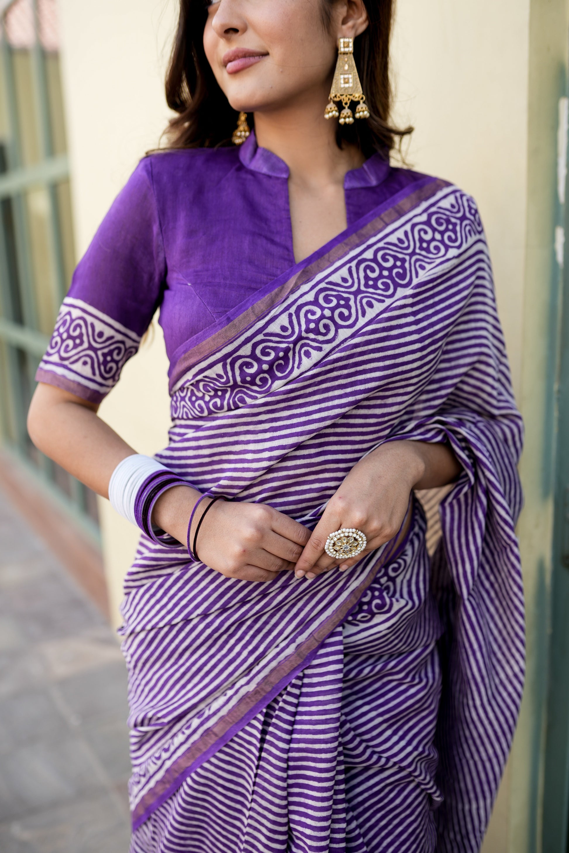Sophisticated Purple Chanderi Silk Handblock Saree Gold Zari Geometric