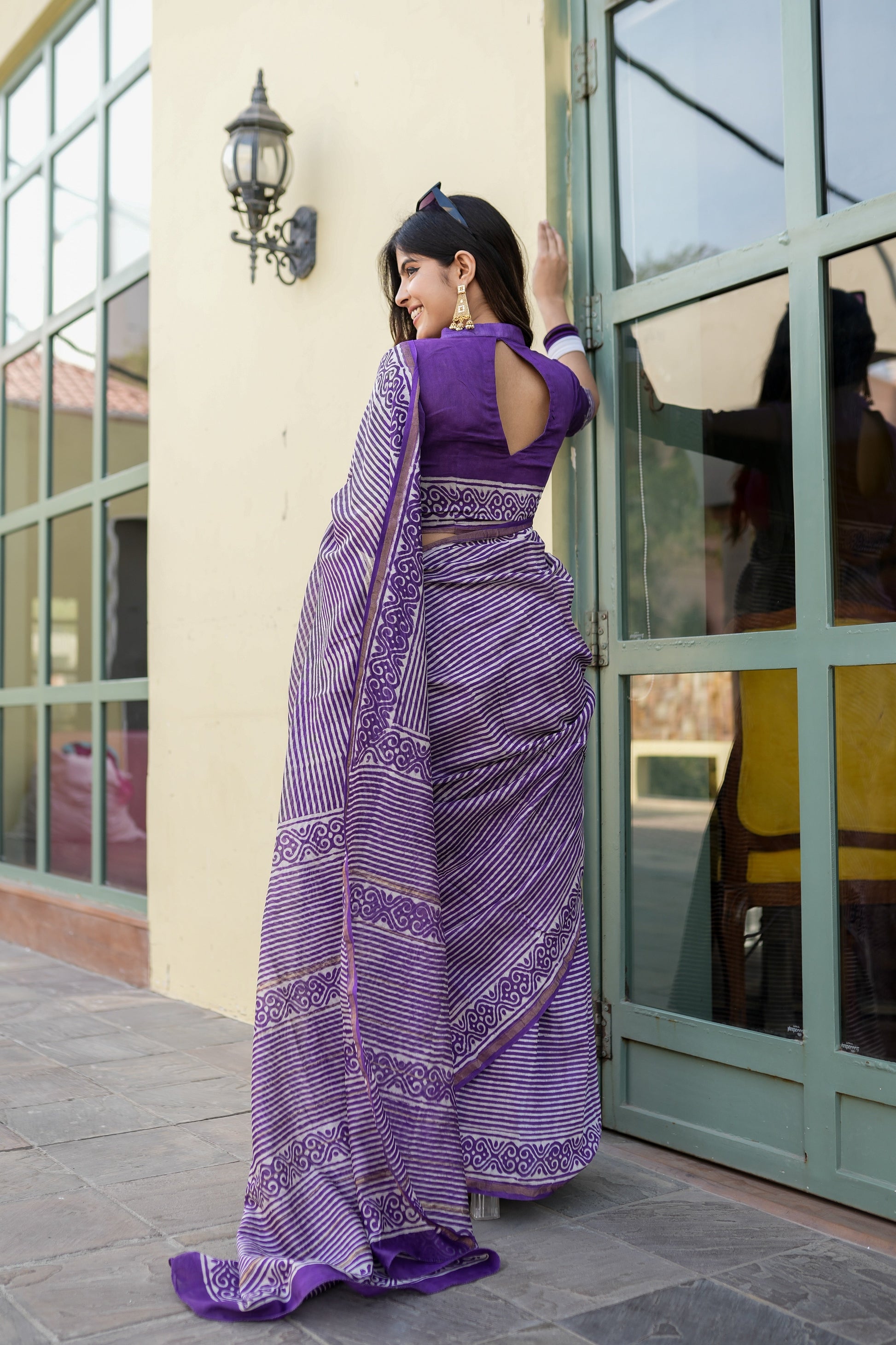 Sophisticated Purple Chanderi Silk Handblock Saree Gold Zari Geometric