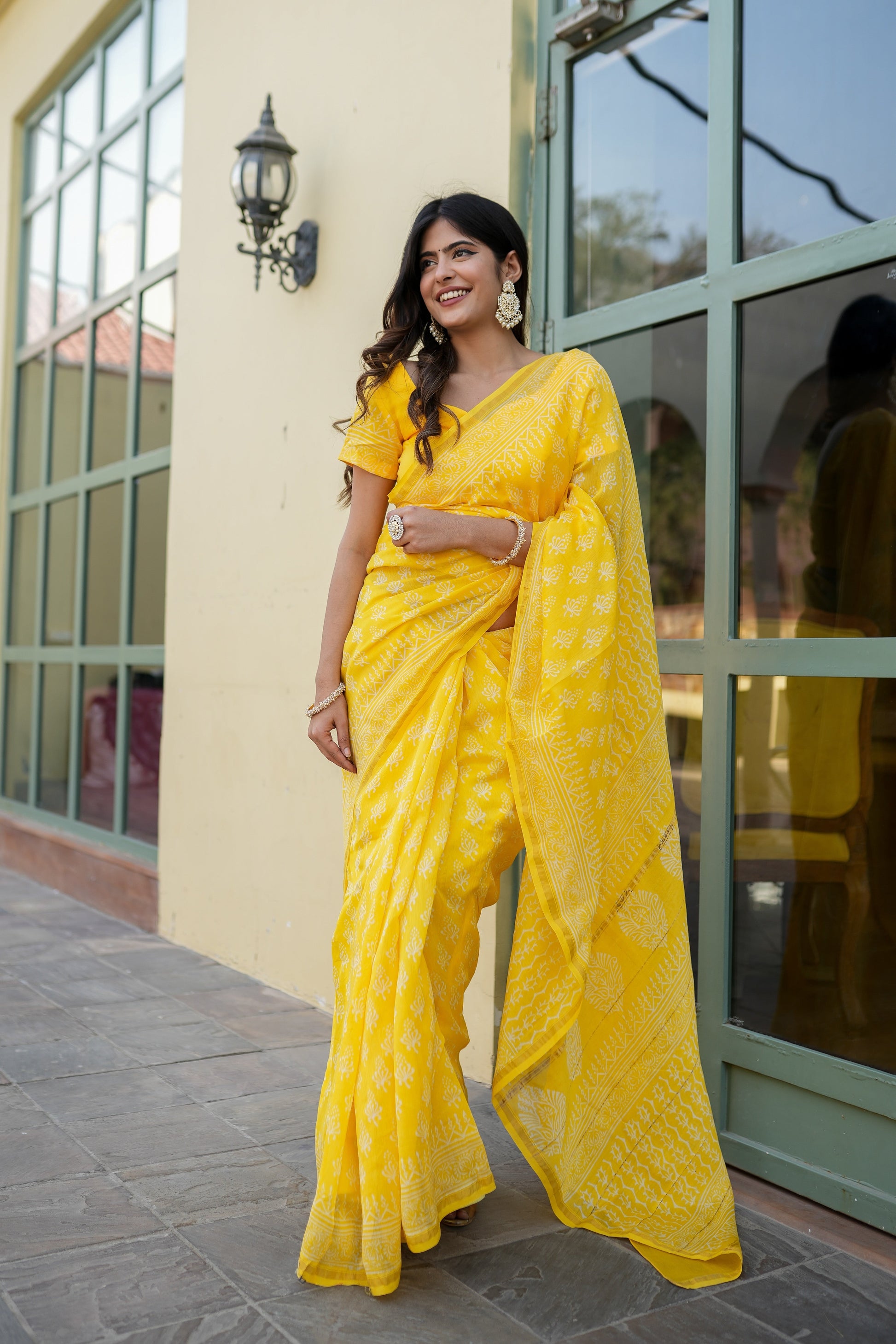 Sunny Yellow Handblock Saree Floral Grid