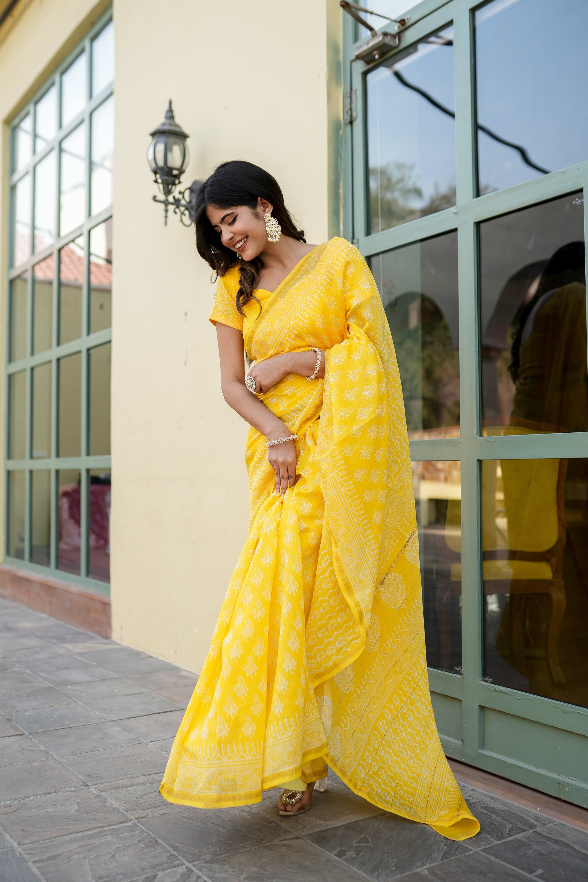 Sunny Yellow Handblock Saree Floral Grid