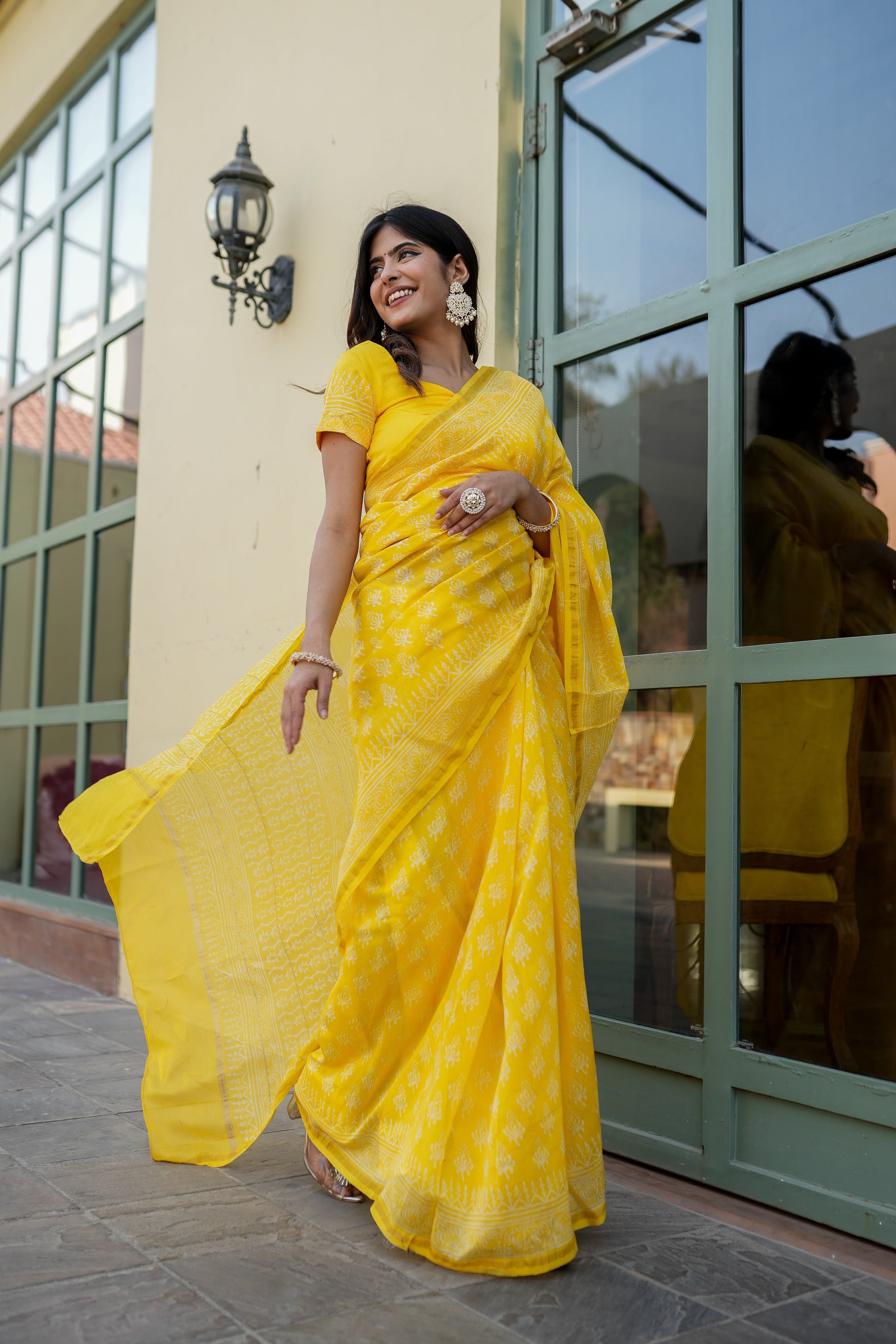 Sunny Yellow Handblock Saree Floral Grid