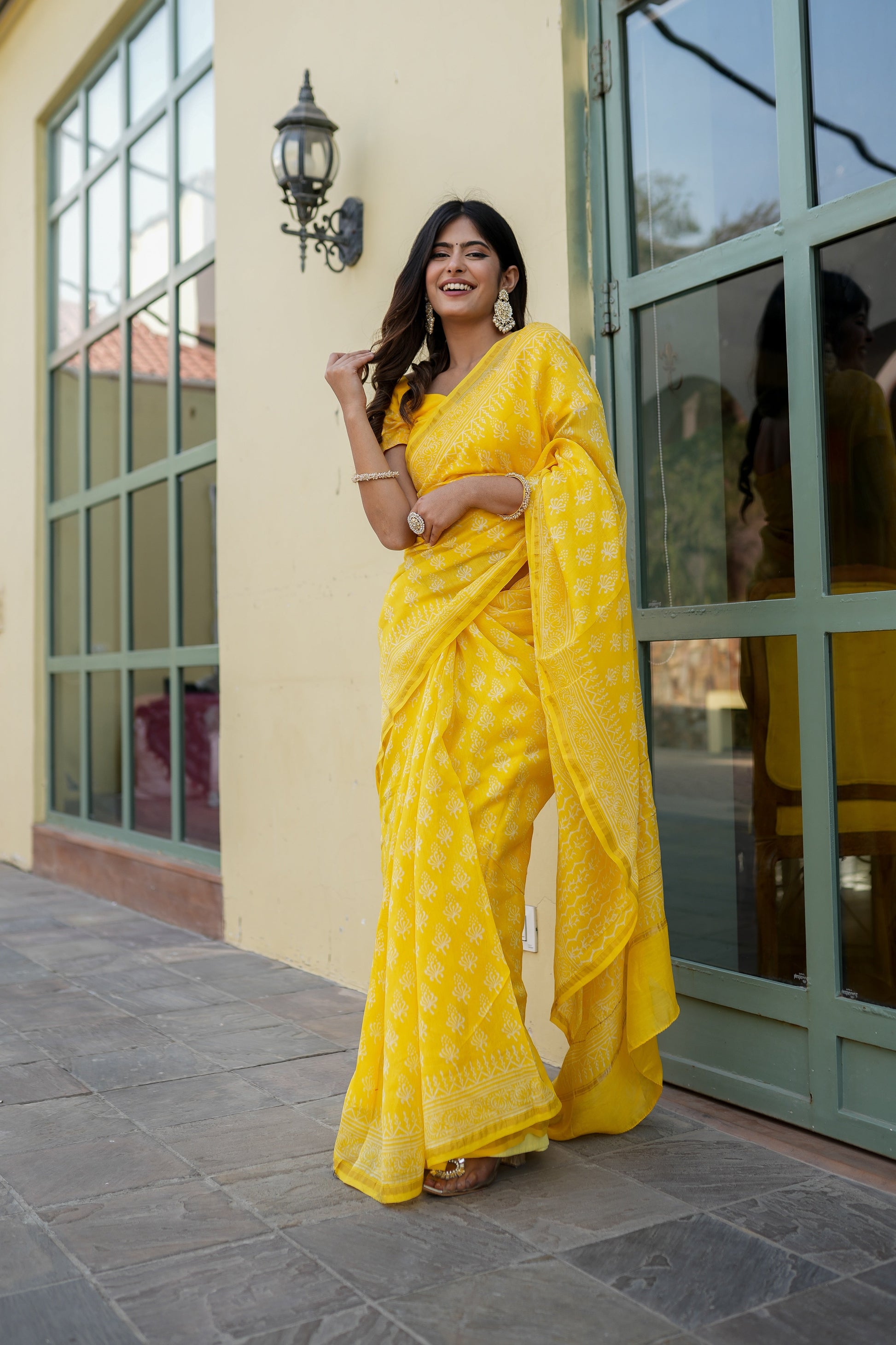 Sunny Yellow Handblock Saree Floral Grid