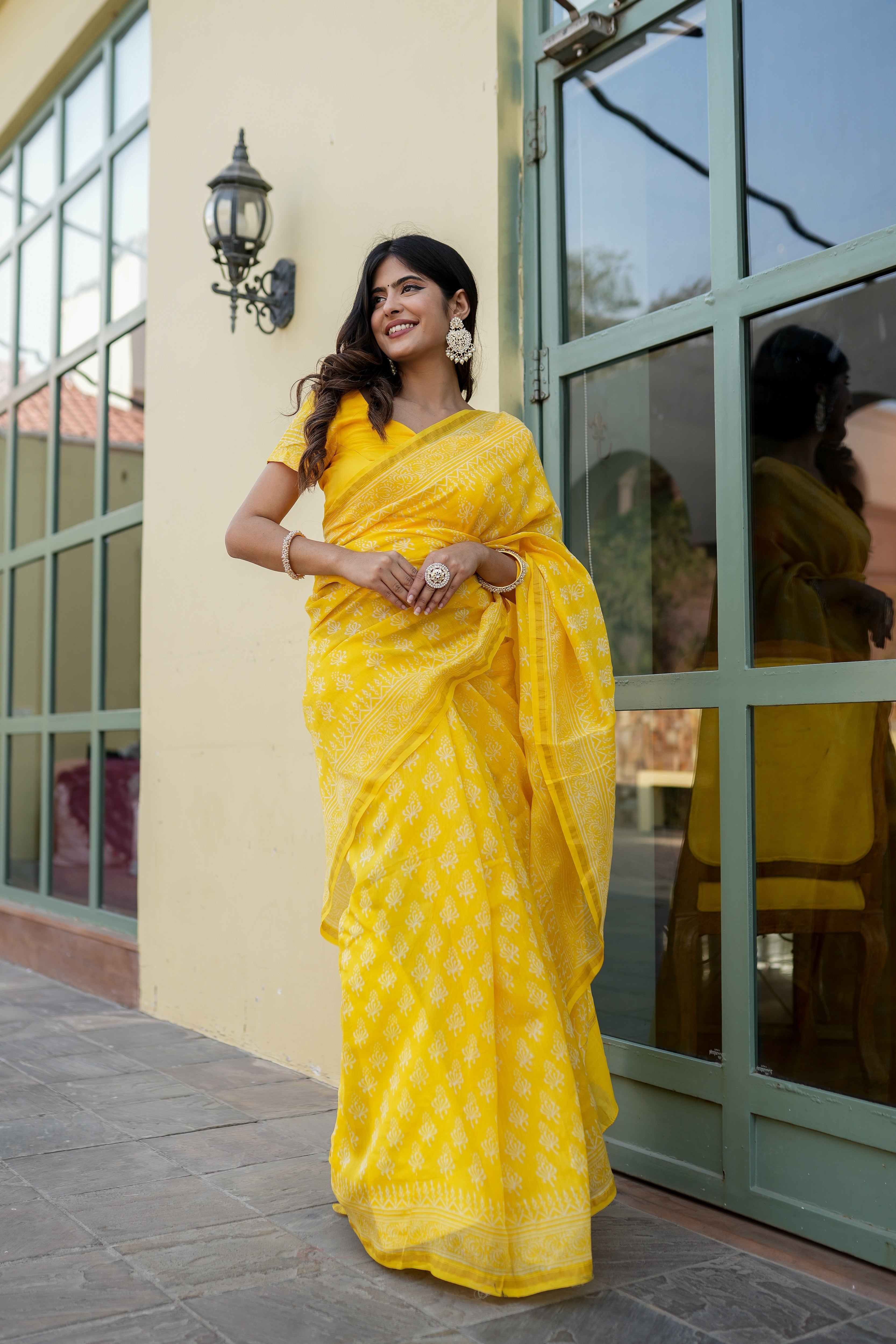 Sunny Yellow Handblock Saree Floral Grid