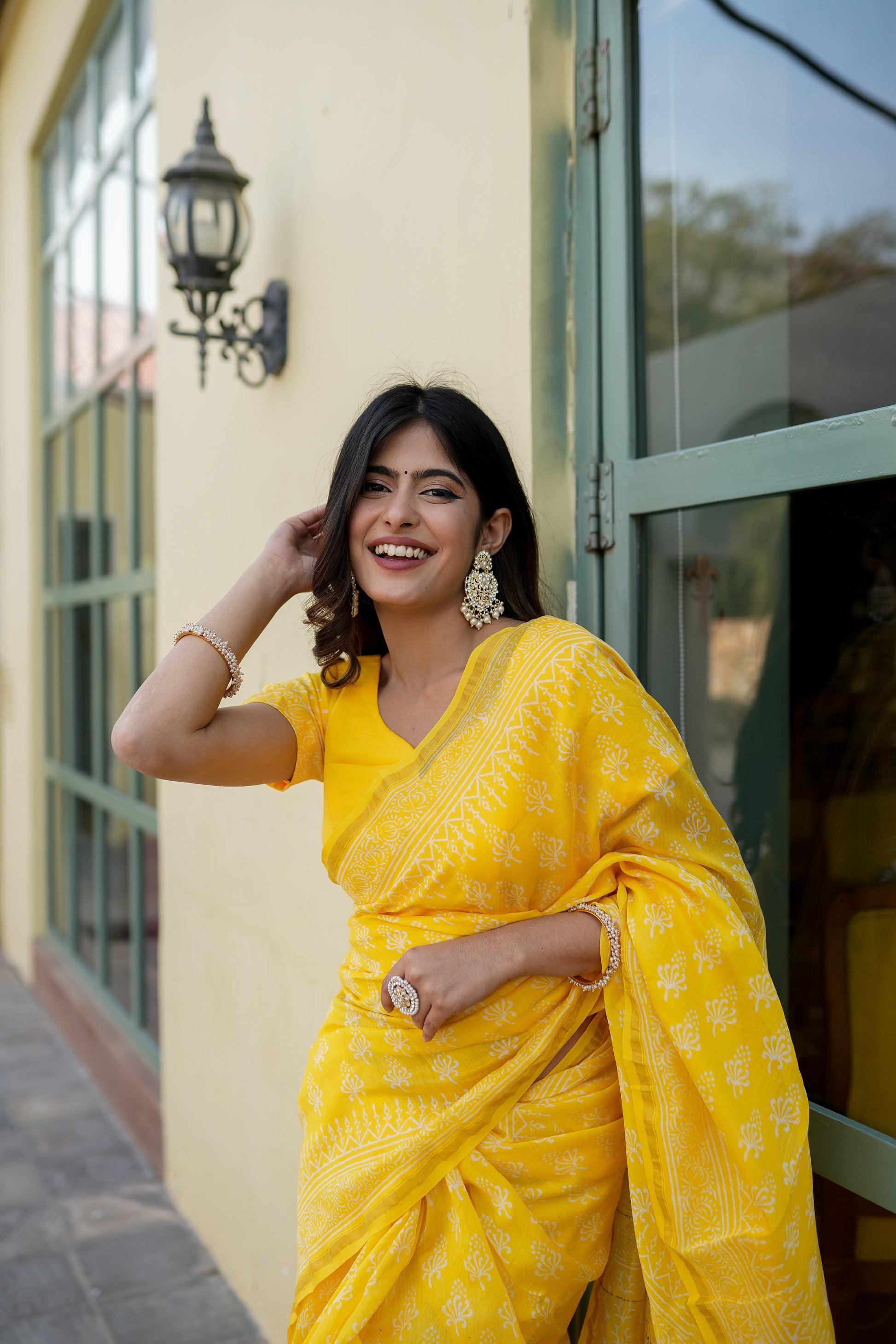 Sunny Yellow Handblock Saree Floral Grid