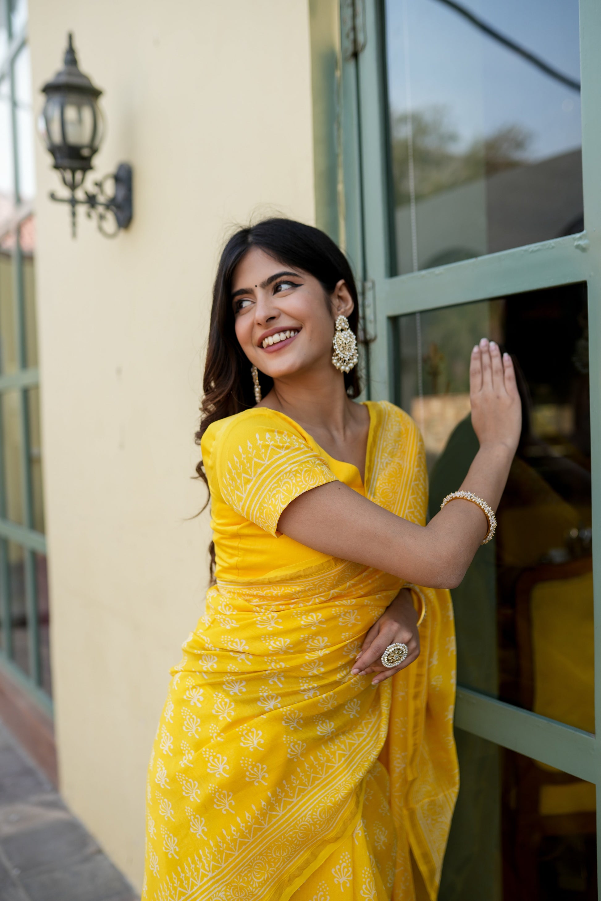 Sunny Yellow Handblock Saree Floral Grid