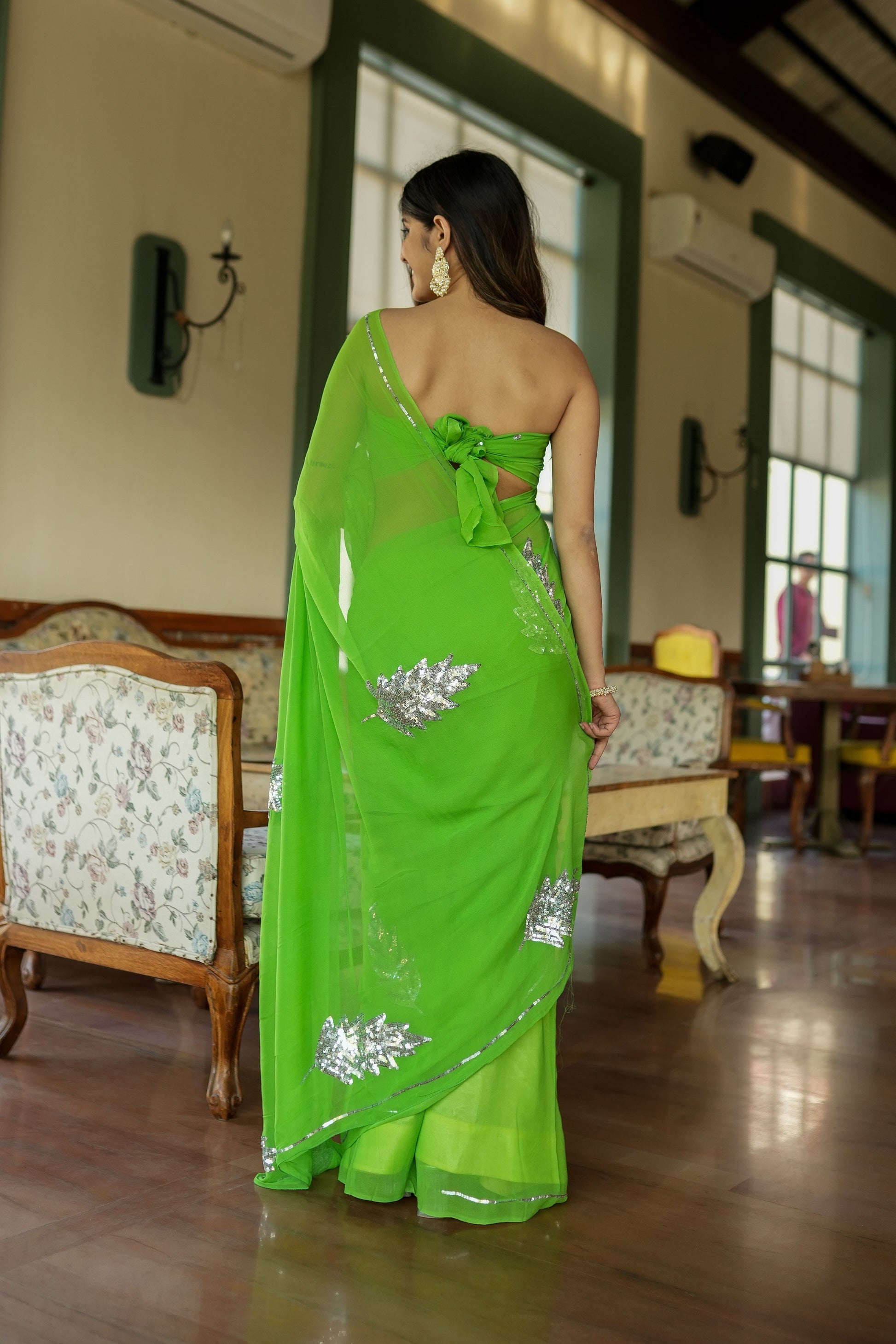 Glamorous Green Georgette Saree Sequins Handwork Floral