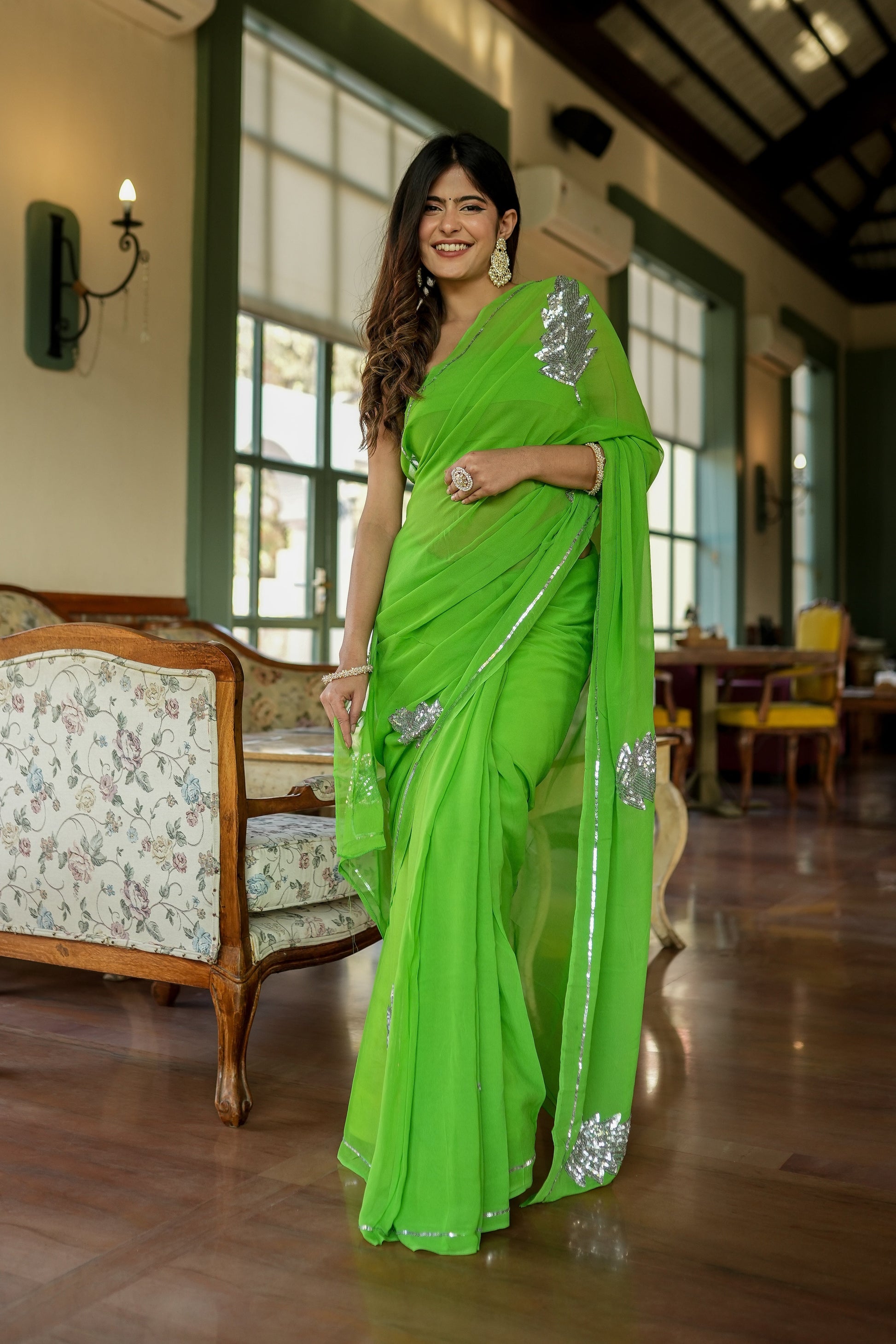 Glamorous Green Georgette Saree Sequins Handwork Floral
