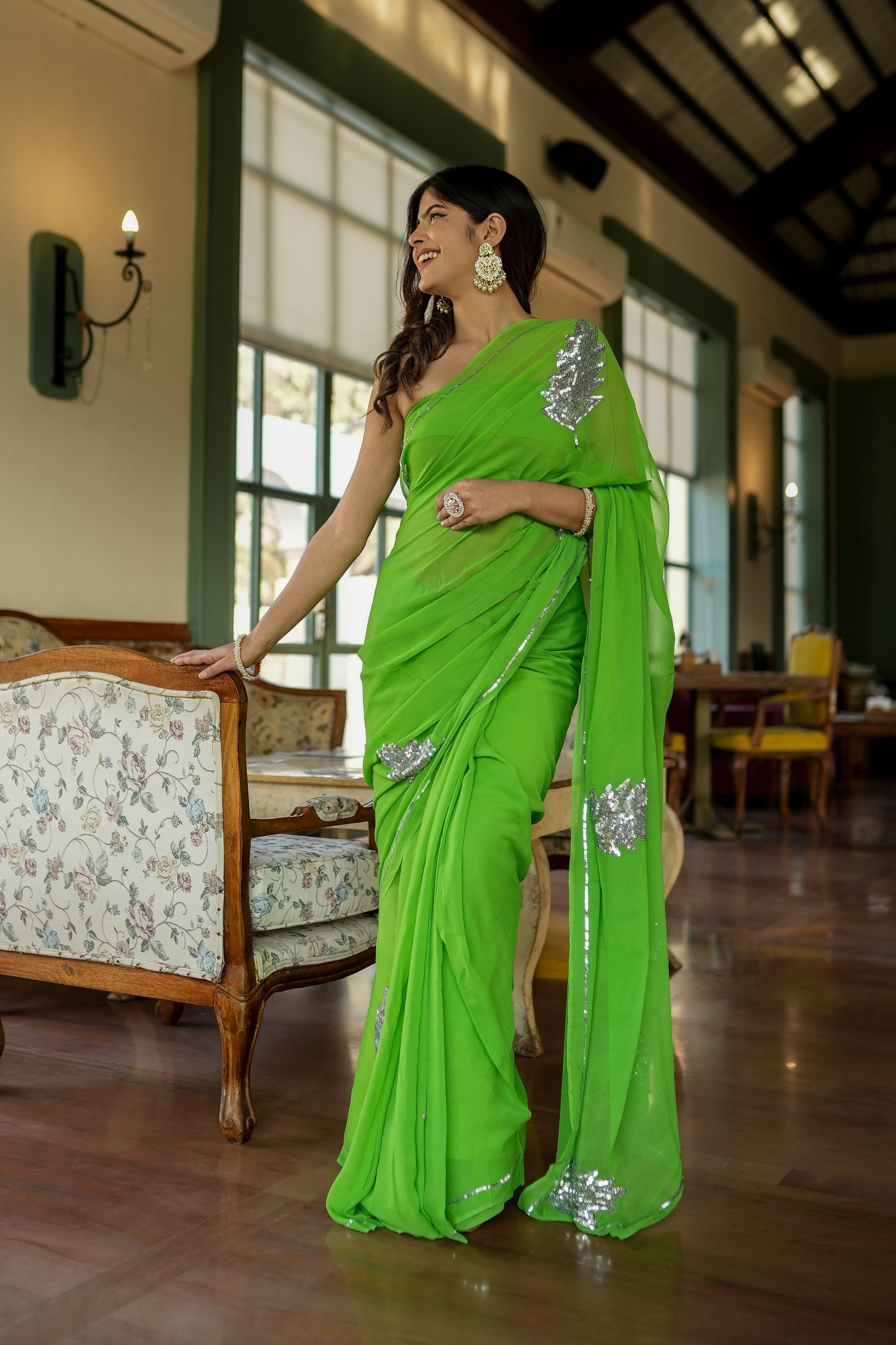 Glamorous Green Georgette Saree Sequins Handwork Floral