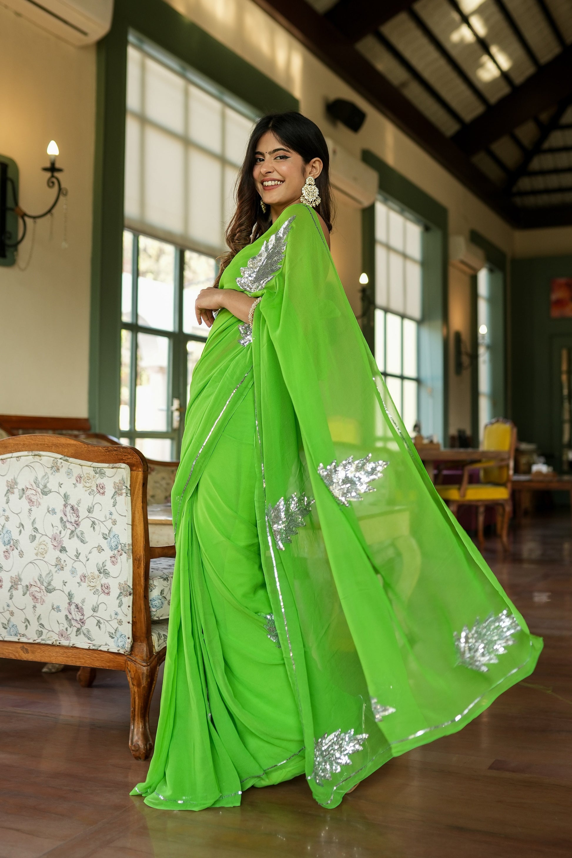 Glamorous Green Georgette Saree Sequins Handwork Floral