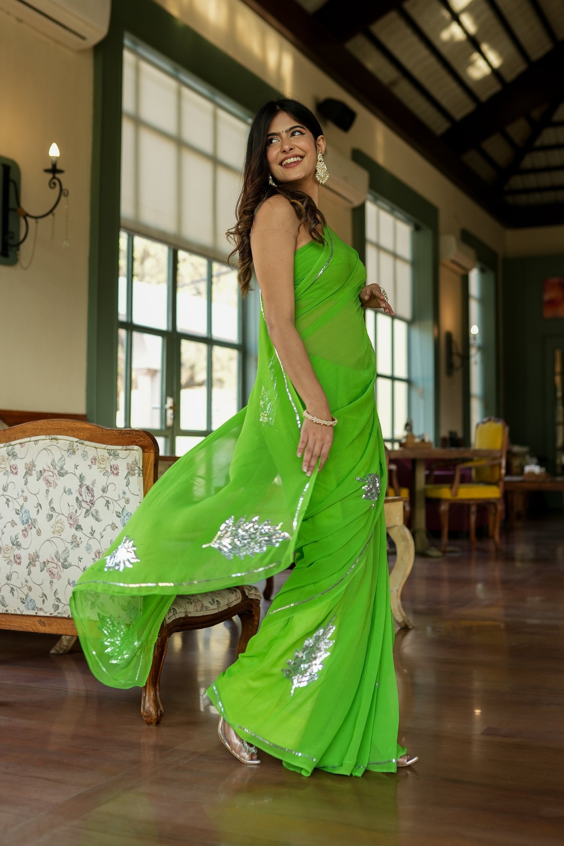 Glamorous Green Georgette Saree Sequins Handwork Floral