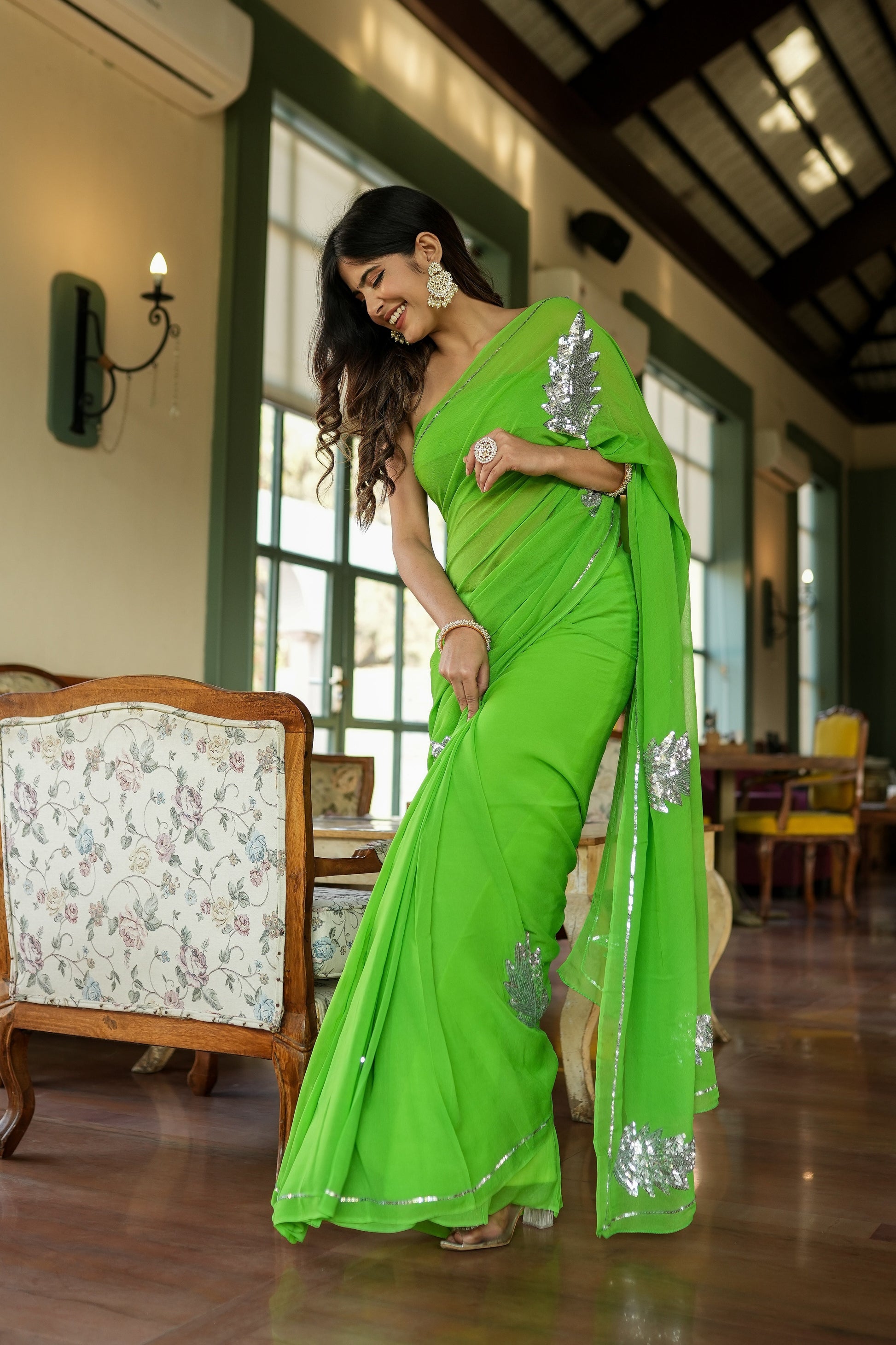 Glamorous Green Georgette Saree Sequins Handwork Floral