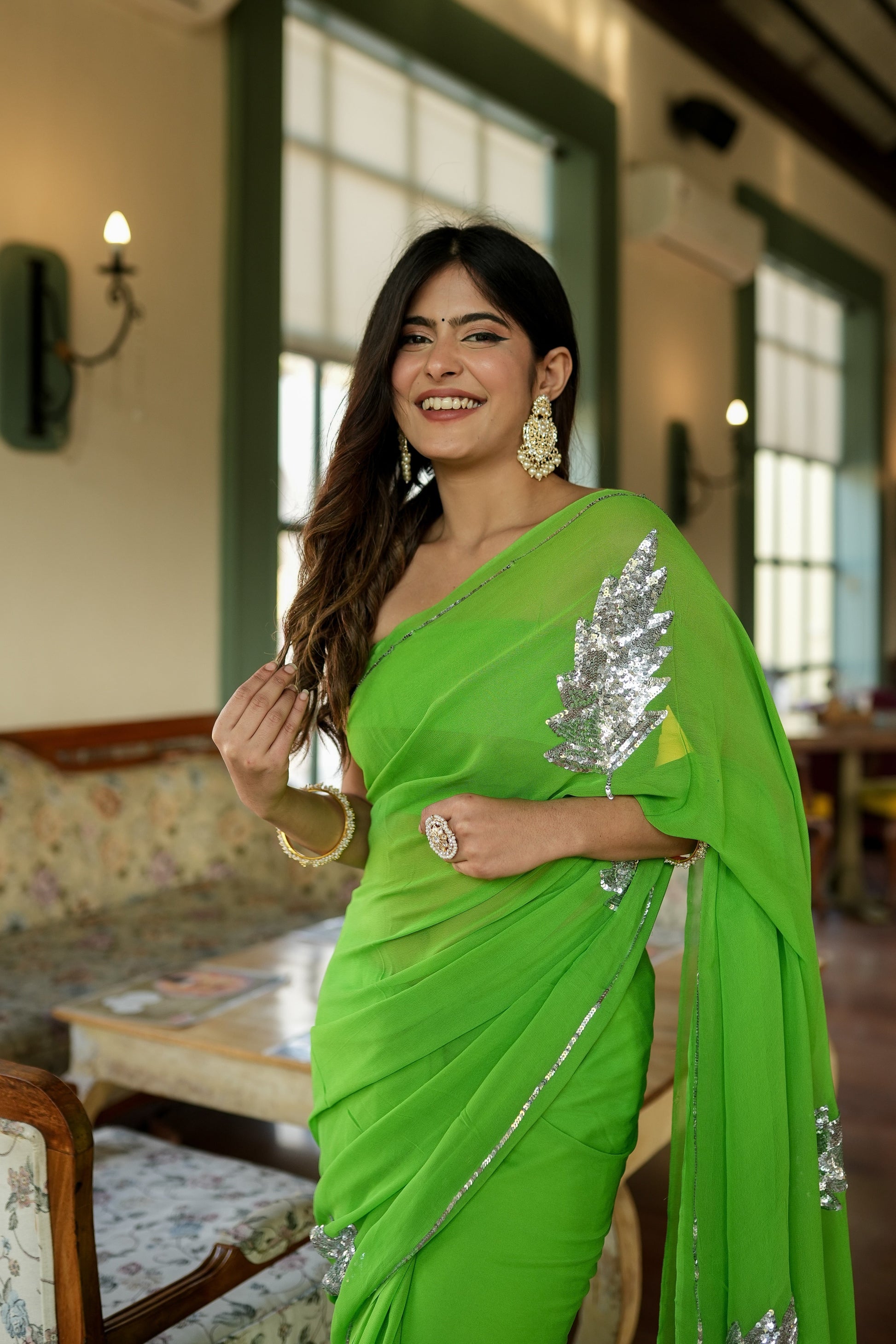 Glamorous Green Georgette Saree Sequins Handwork Floral