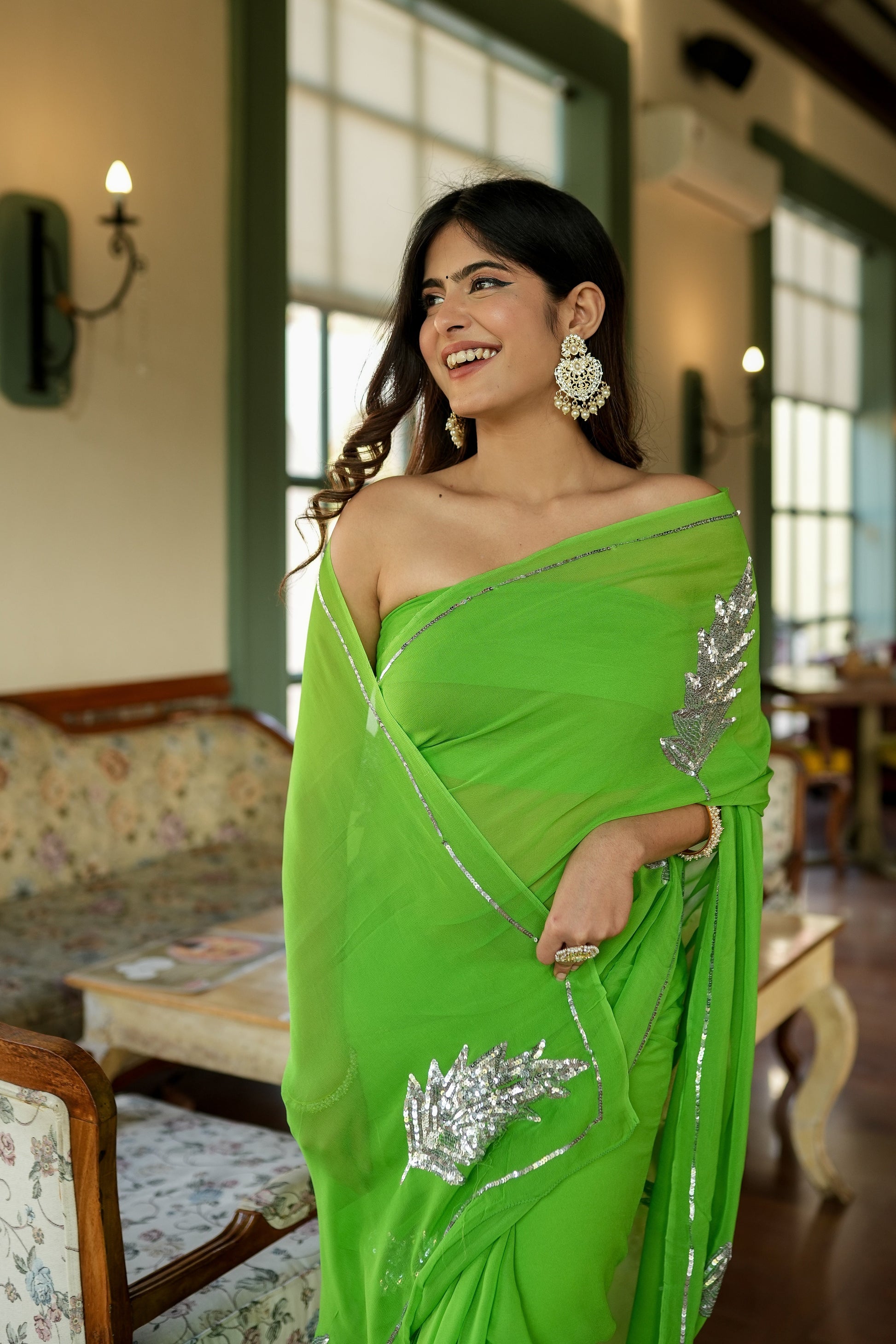 Glamorous Green Georgette Saree Sequins Handwork Floral