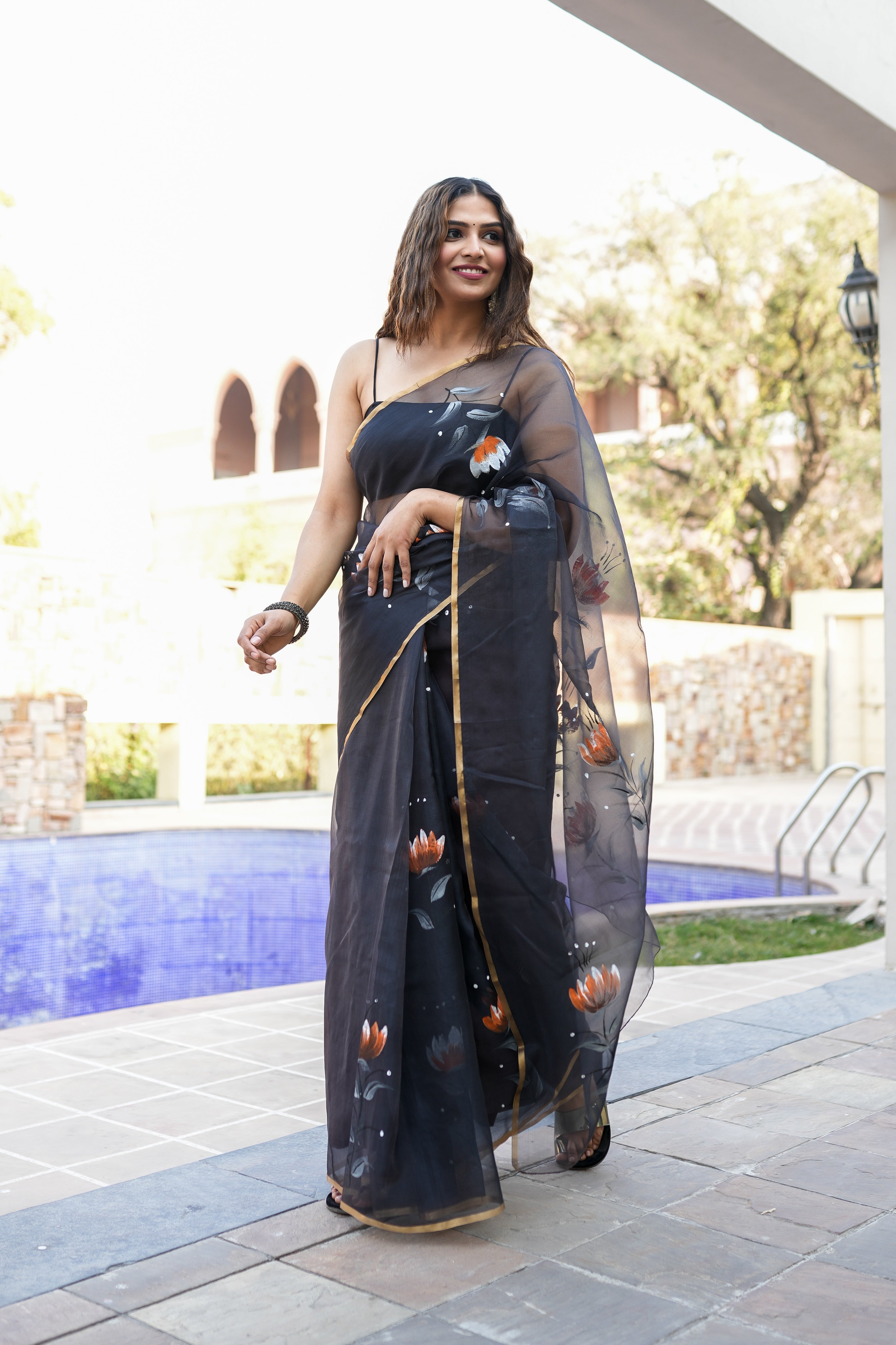 Elegant Black Organza Handpainted Saree Gold Zari Floral