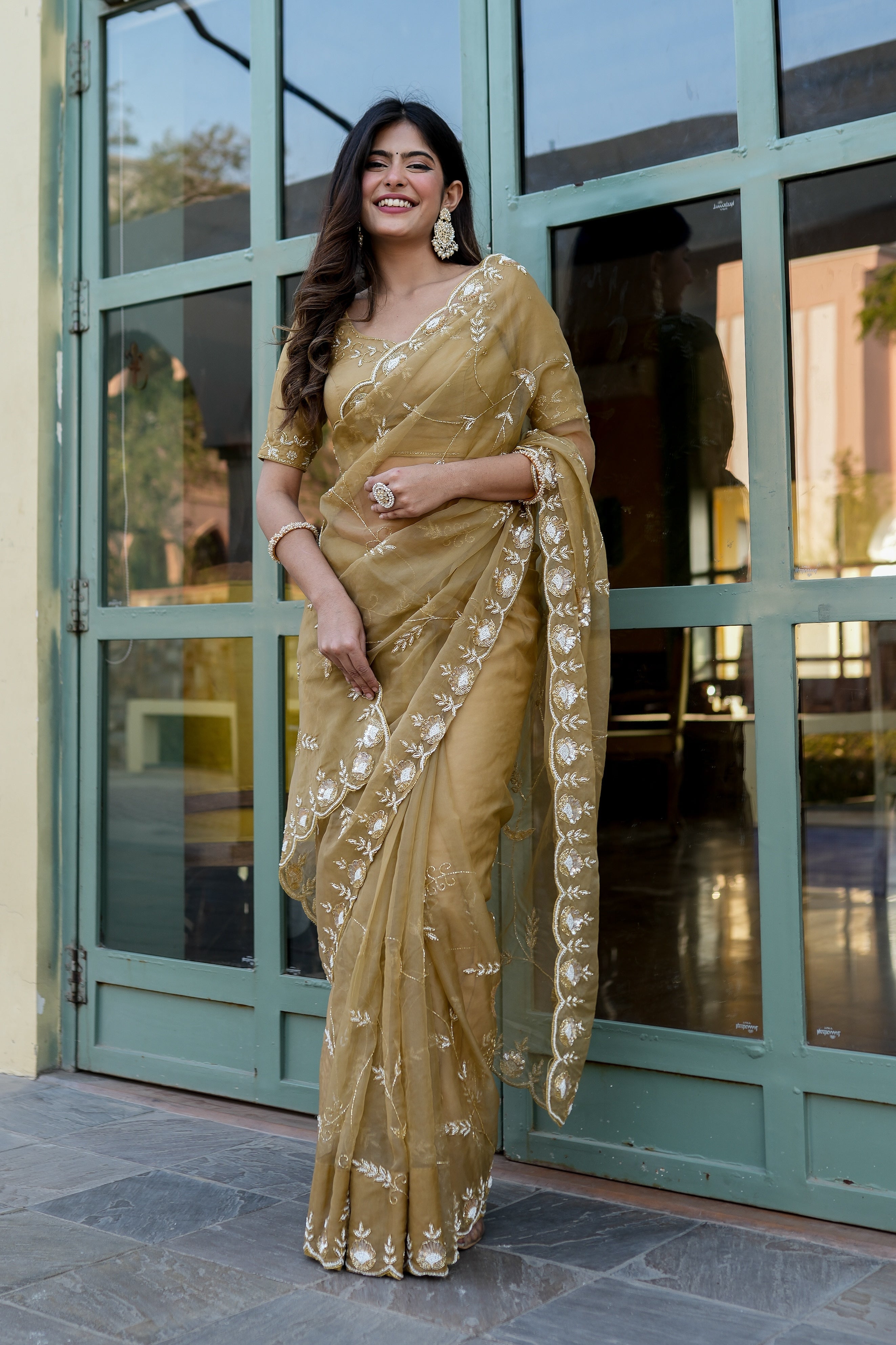 Regal Gold Silk Organza Saree Hand Embroidery Floral