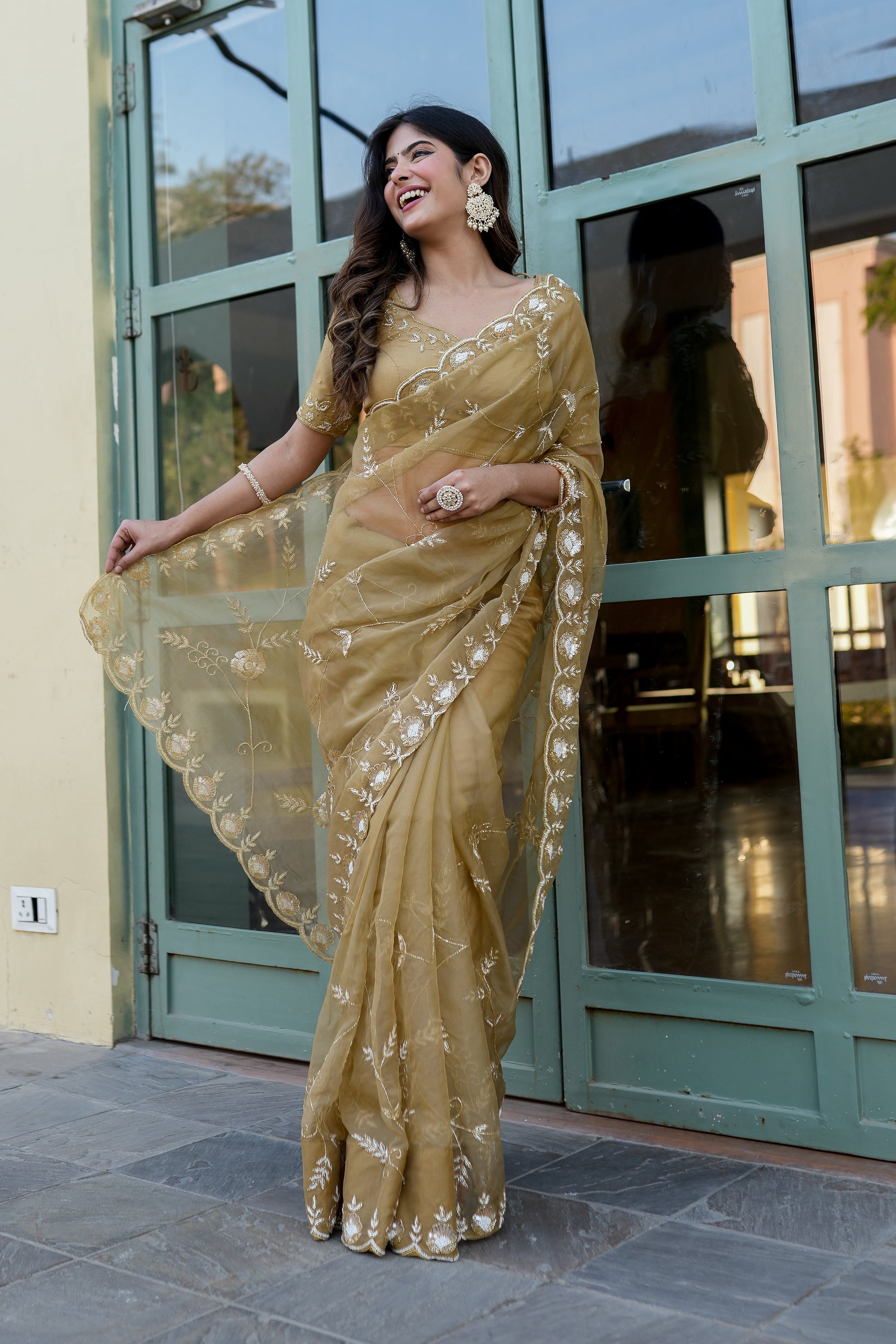 Regal Gold Silk Organza Saree Hand Embroidery Floral