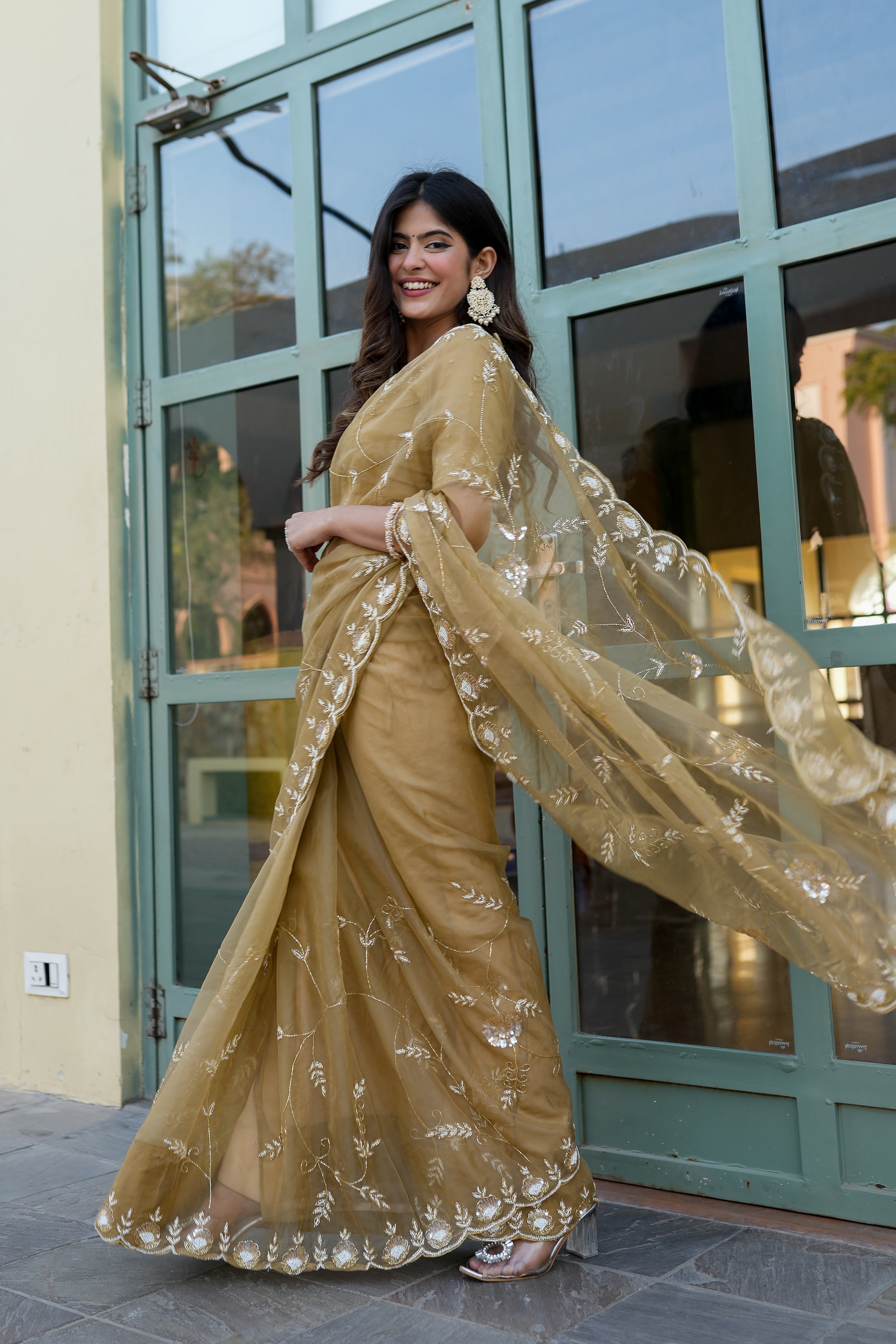 Regal Gold Silk Organza Saree Hand Embroidery Floral