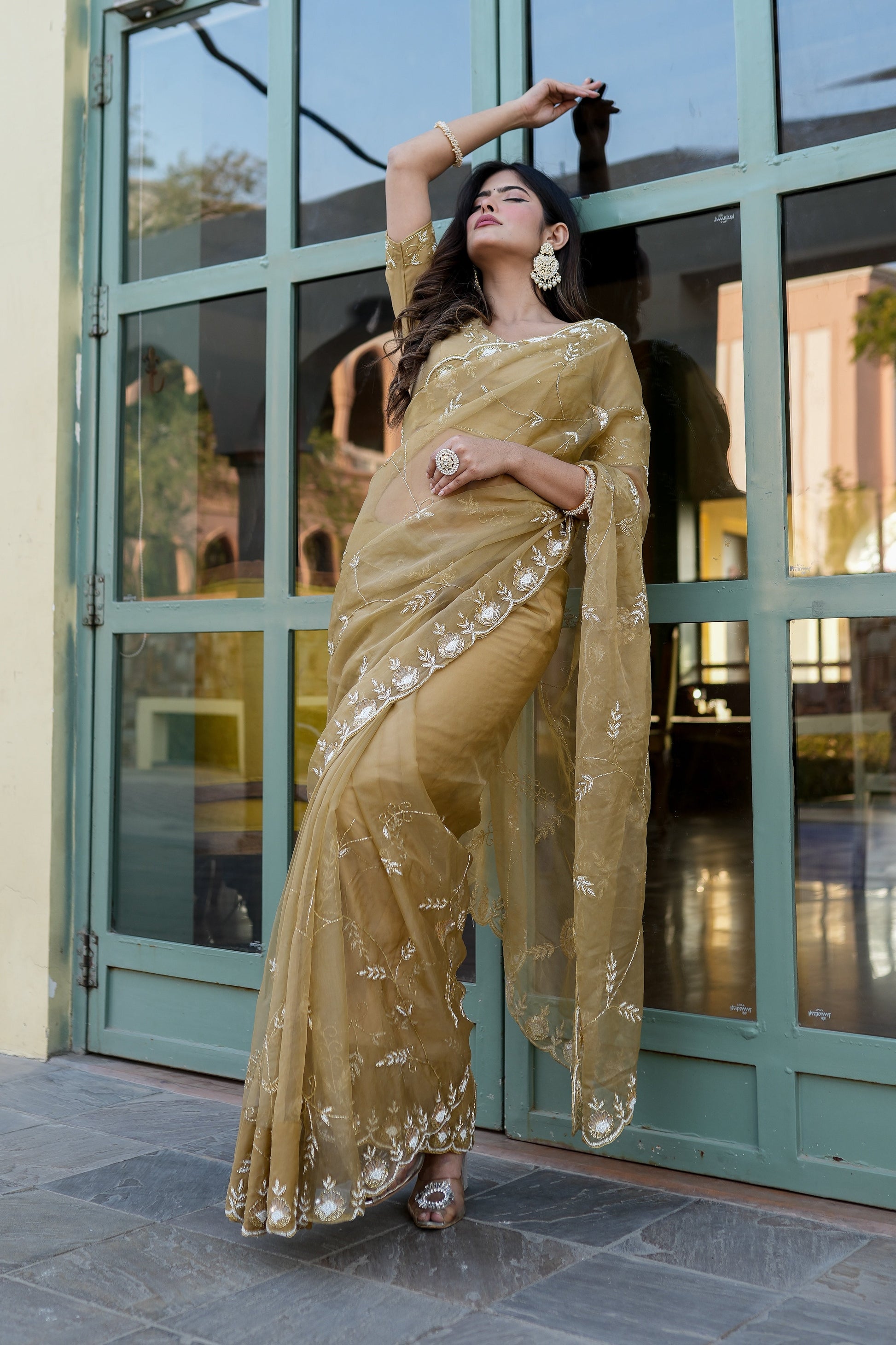 Regal Gold Silk Organza Saree Hand Embroidery Floral