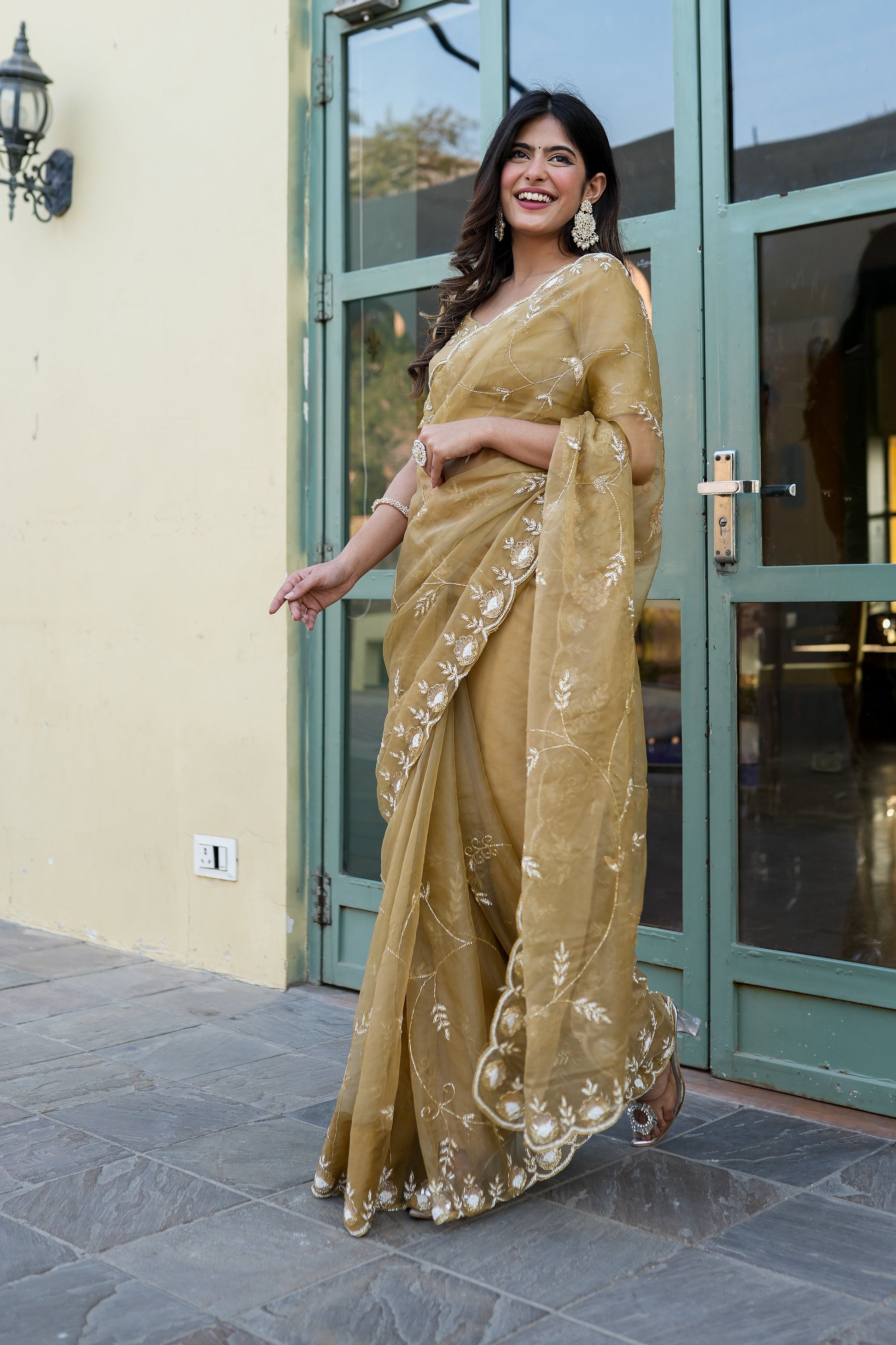 Regal Gold Silk Organza Saree Hand Embroidery Floral