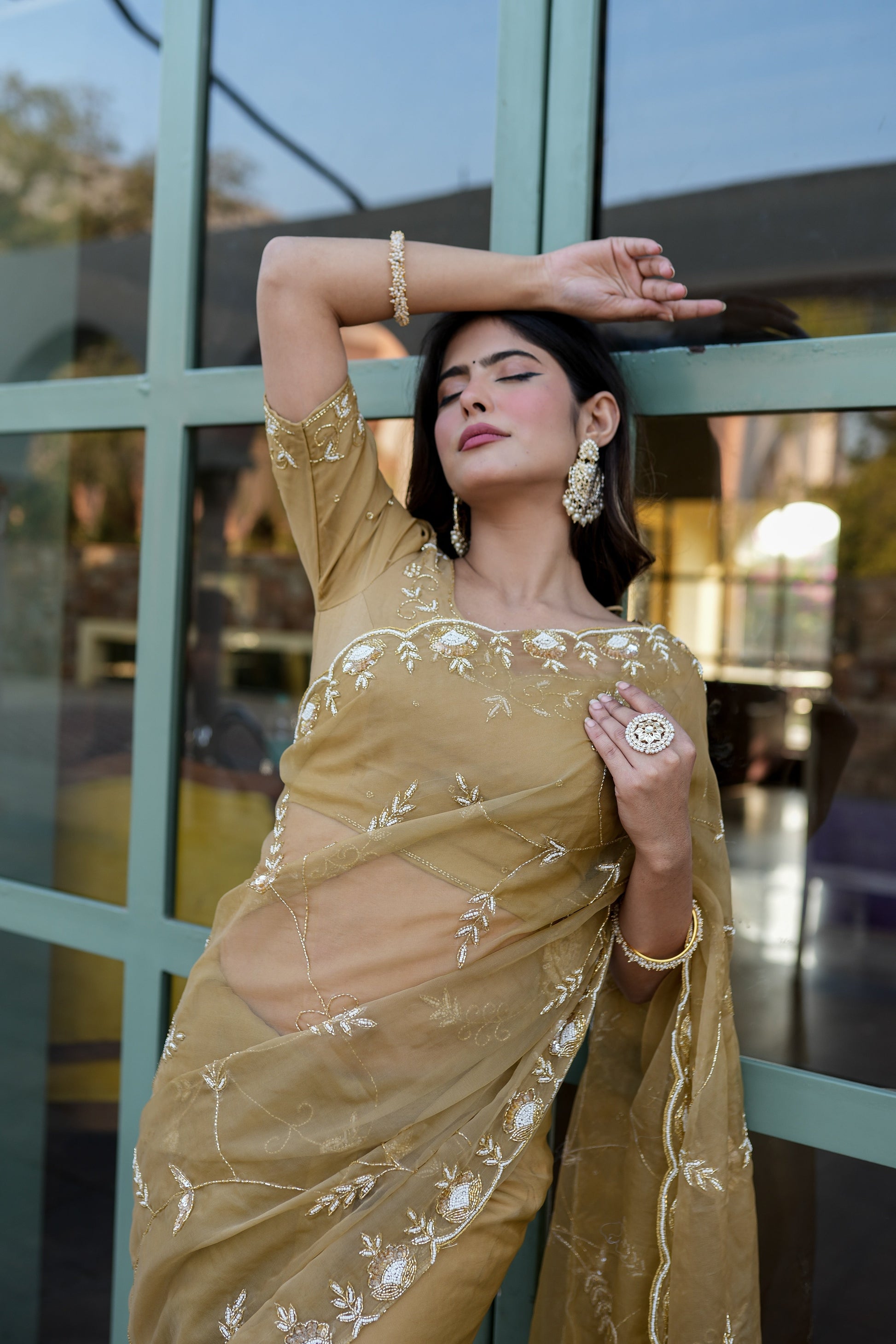 Regal Gold Silk Organza Saree Hand Embroidery Floral